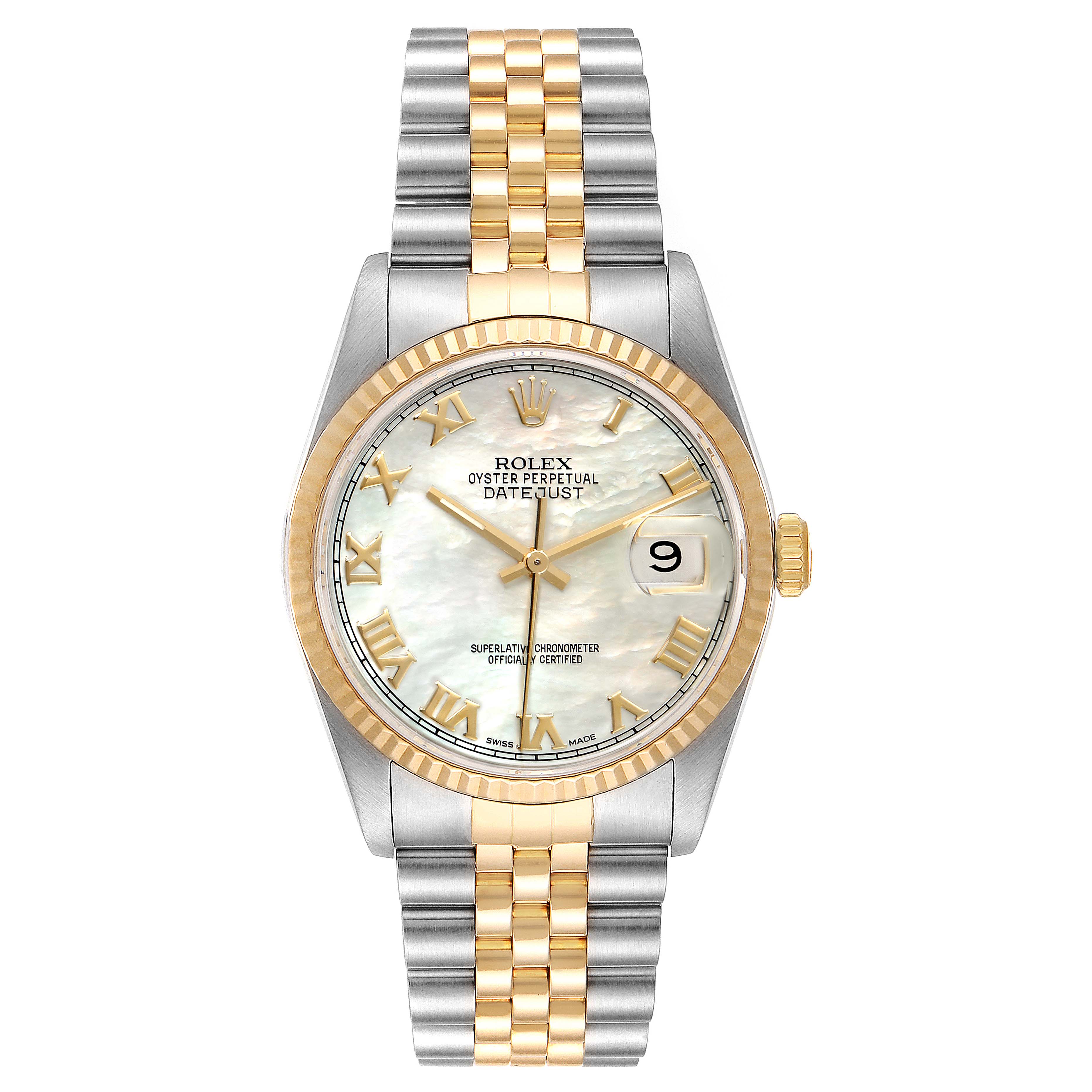 This image shows a front view of the Rolex Datejust 16233 Men
s Steel and Gold (two tone) Mother of Pearl Dial 16233 Men
s Steel and Gold (two tone) Mother of Pearl Dial watch, highlighting its dial, bezel, crown, and Jubilee bracelet.
