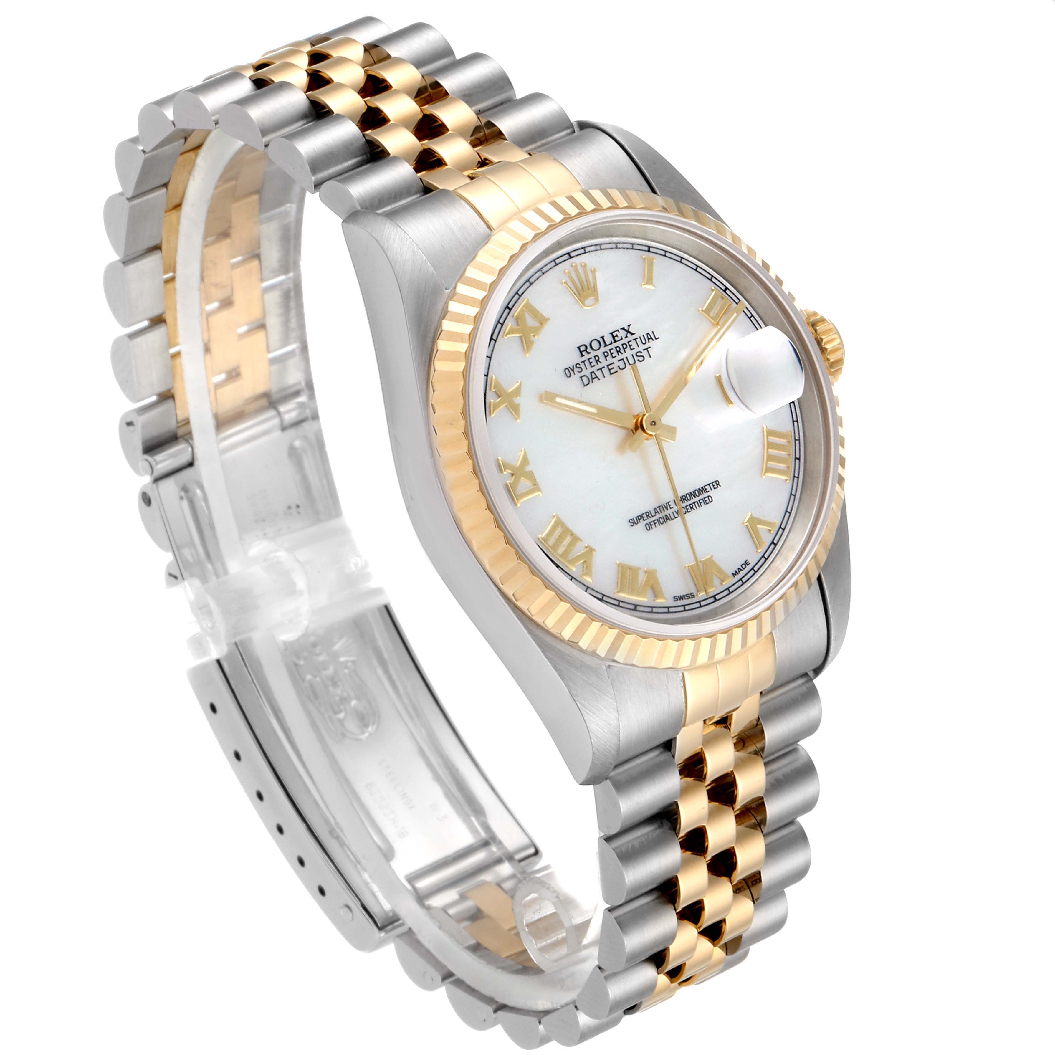 The Rolex Datejust 16233 Men
s Steel and Gold (two tone) Mother of Pearl Dial 16233 Men
s Steel and Gold (two tone) Mother of Pearl Dial watch is shown at a slight angle displaying the dial, bezel, and two-tone bracelet.