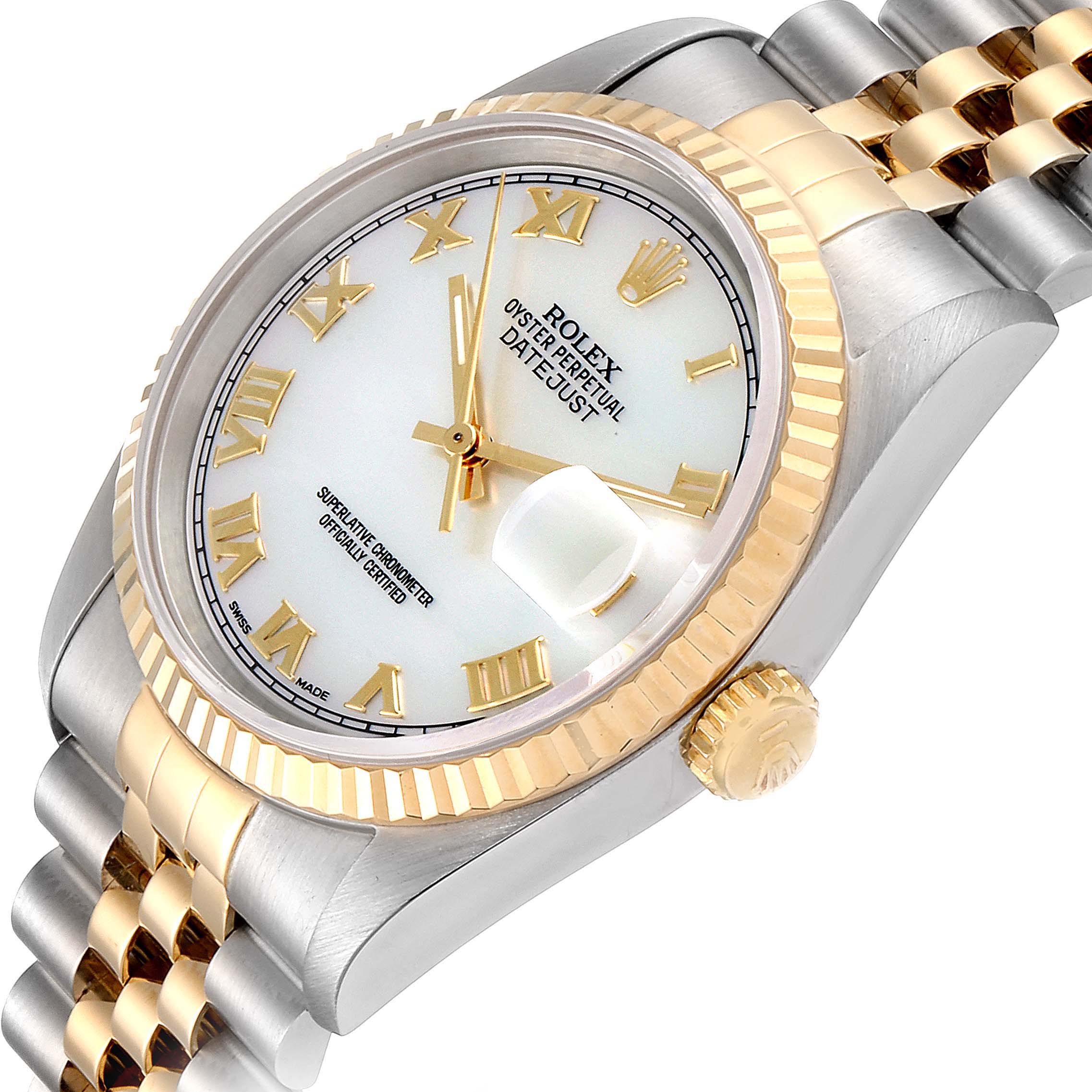 The angle shows a close-up view of the Rolex Datejust 16233 Men
s Steel and Gold (two tone) Mother of Pearl Dial 16233 Men
s Steel and Gold (two tone) Mother of Pearl Dial watch face, crown, and part of the two-tone bracelet.