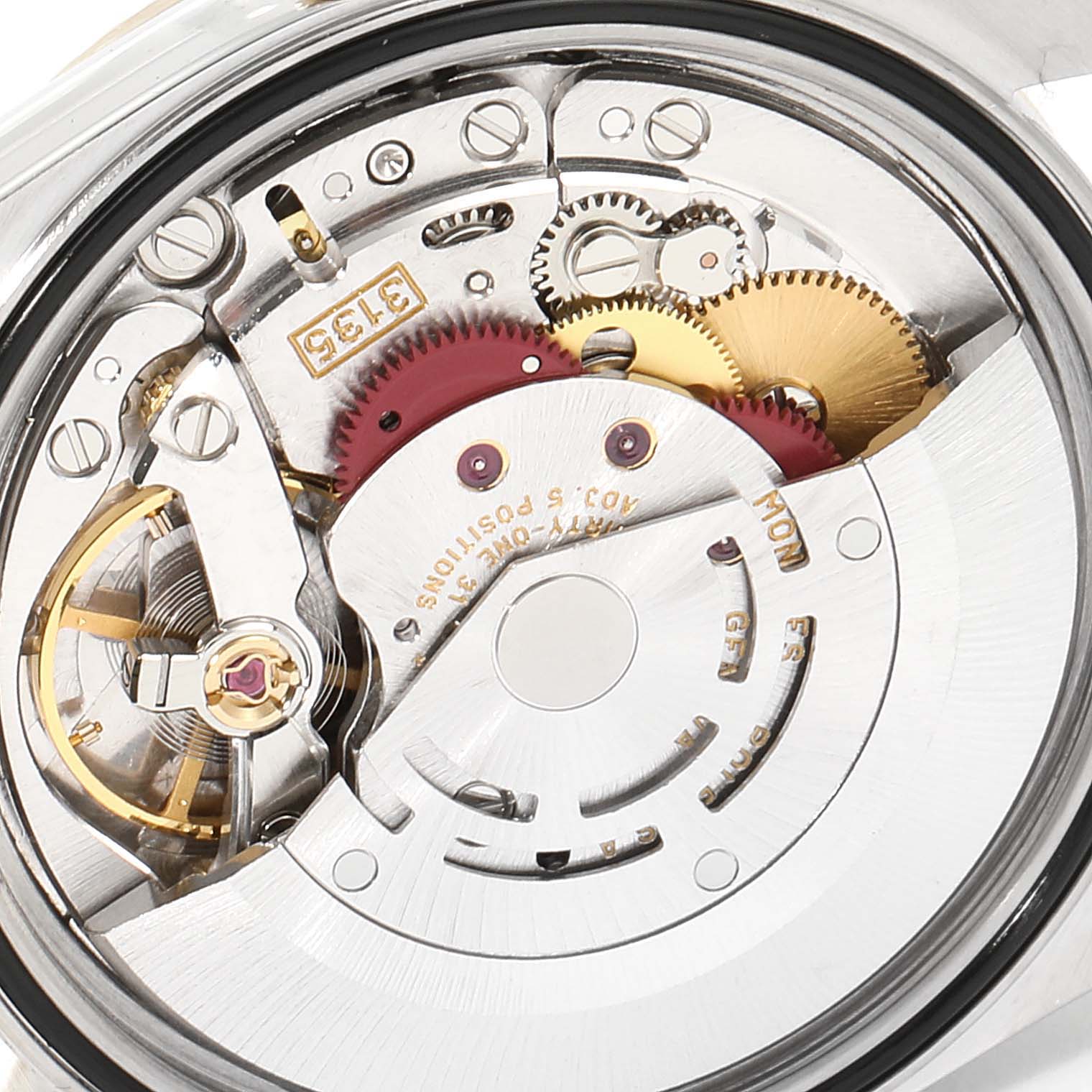 The image shows the internal mechanical movement of the Rolex Datejust 16233 Men
s Steel and Gold (two tone) Mother of Pearl Dial 16233 Men
s Steel and Gold (two tone) Mother of Pearl Dial watch viewed from the back.