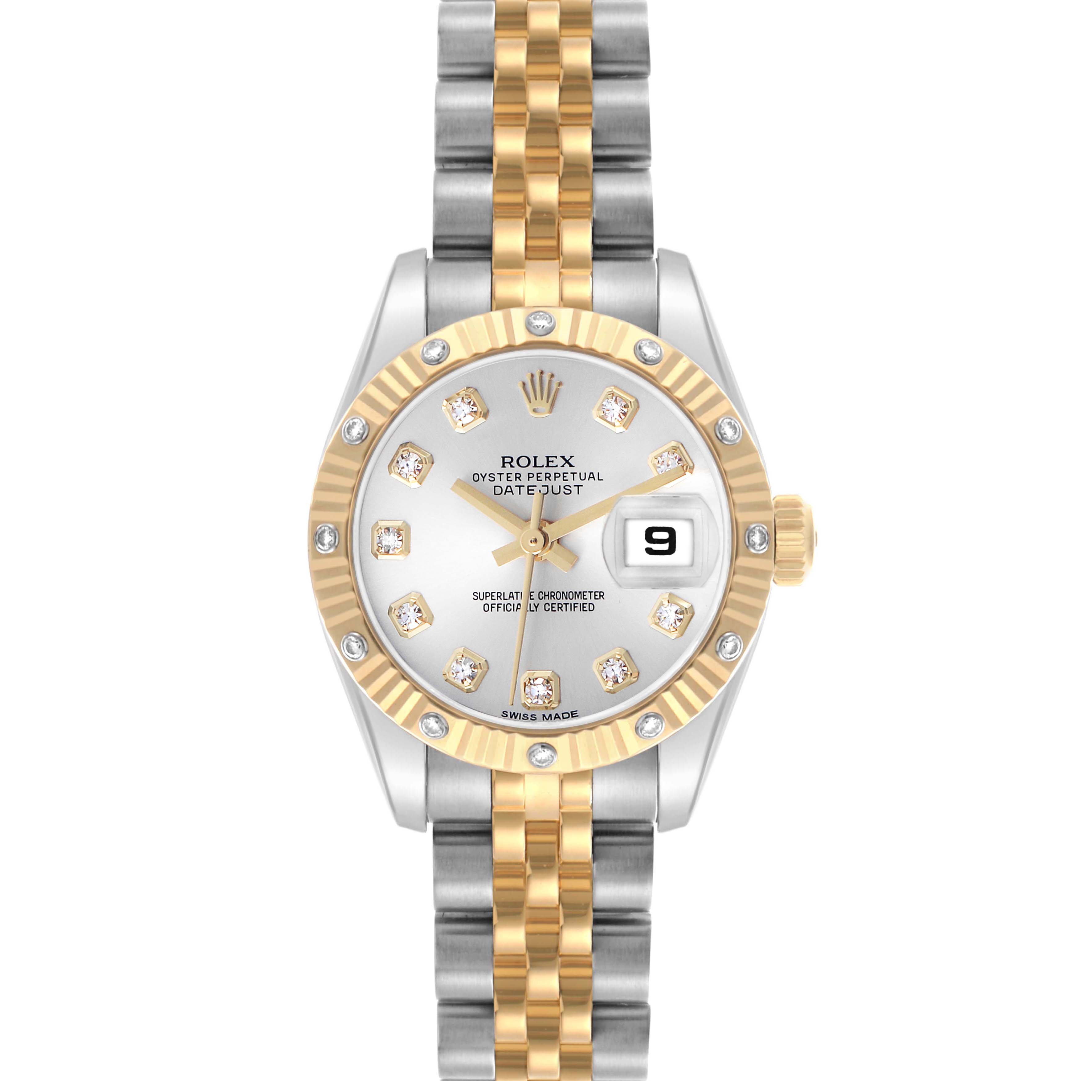 The Rolex Datejust 179313 Men's Steel and Gold (two tone) Silver Dial watch is shown from a top view, displaying the face, bezel, and bracelet.