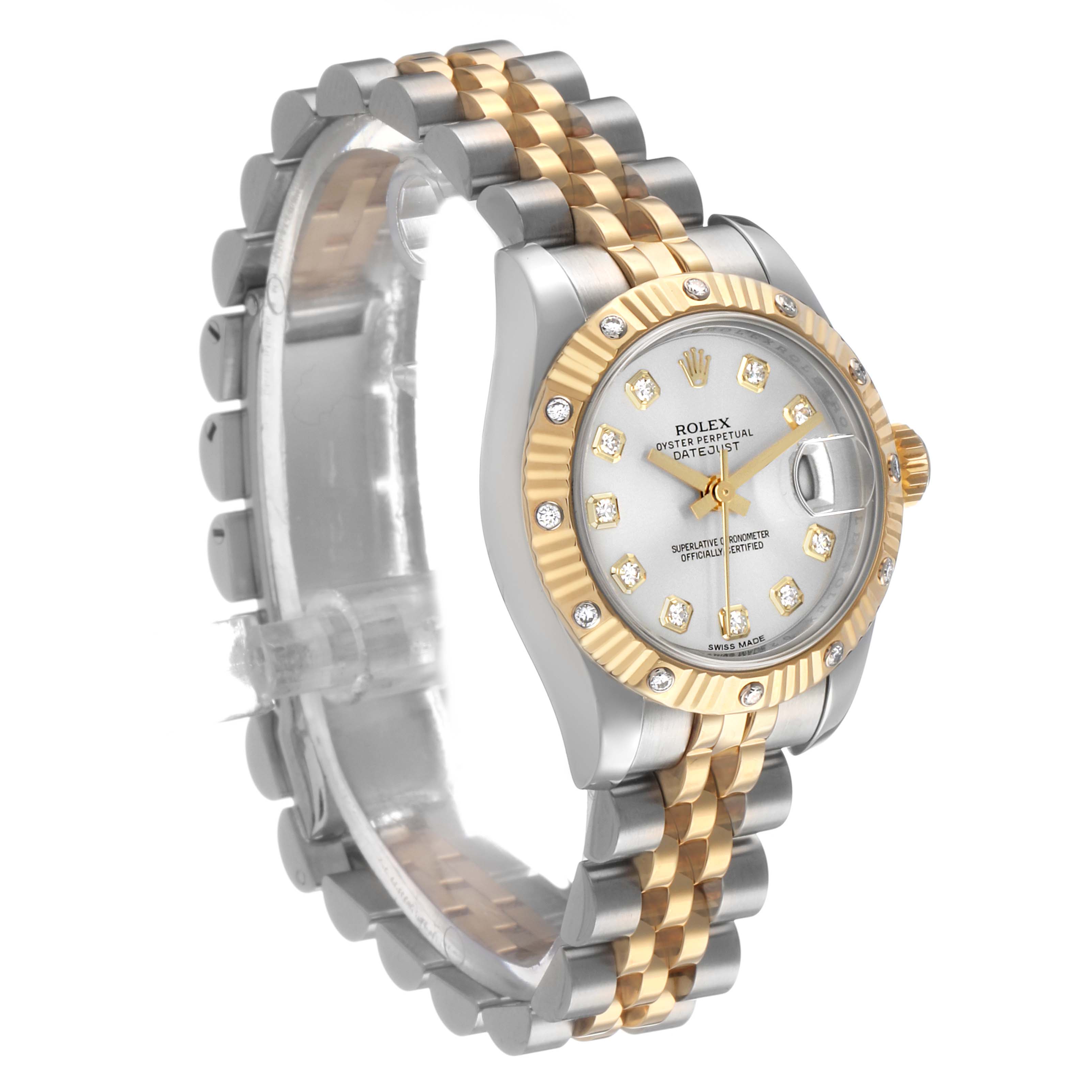 The Rolex Datejust 179313 Men's Steel and Gold (two tone) Silver Dial watch is shown at an angled side view, displaying its two-tone bracelet, fluted bezel, and diamond hour markers.