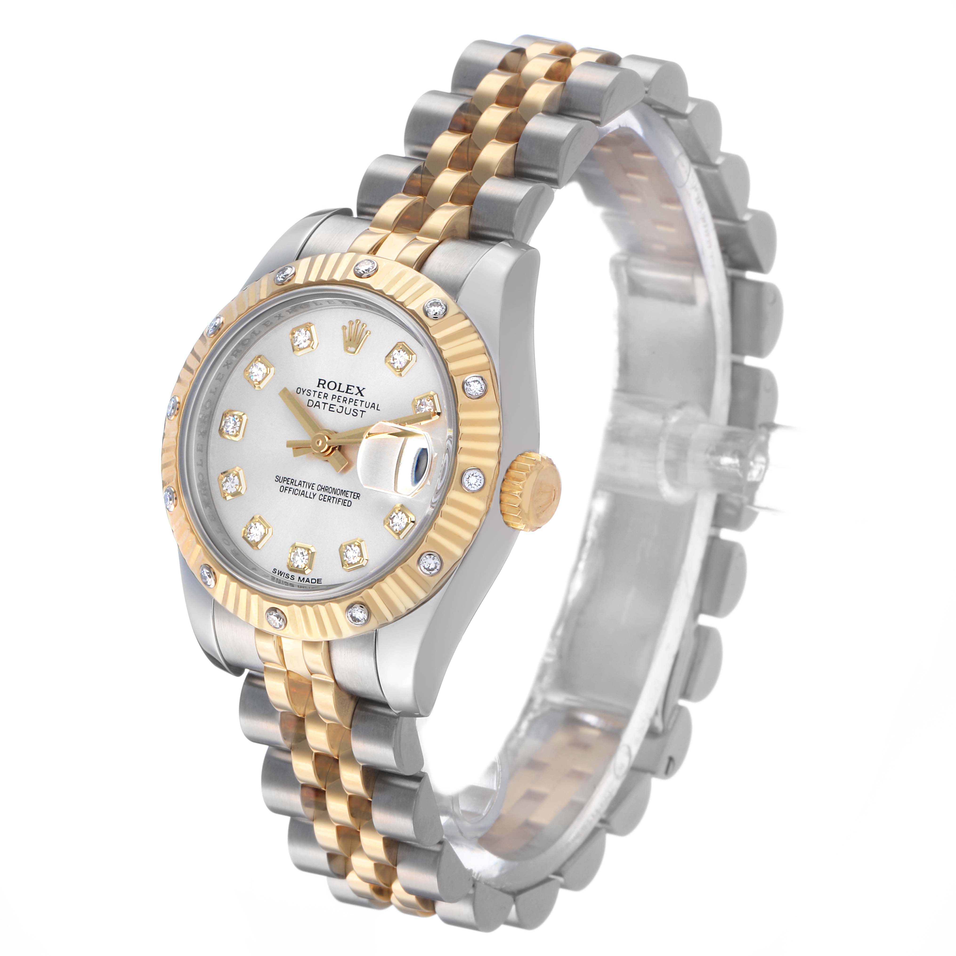 The Rolex Datejust 179313 Men's Steel and Gold (two tone) Silver Dial watch is shown at an angled side view, highlighting its two-tone bracelet, fluted bezel, and diamond hour markers.