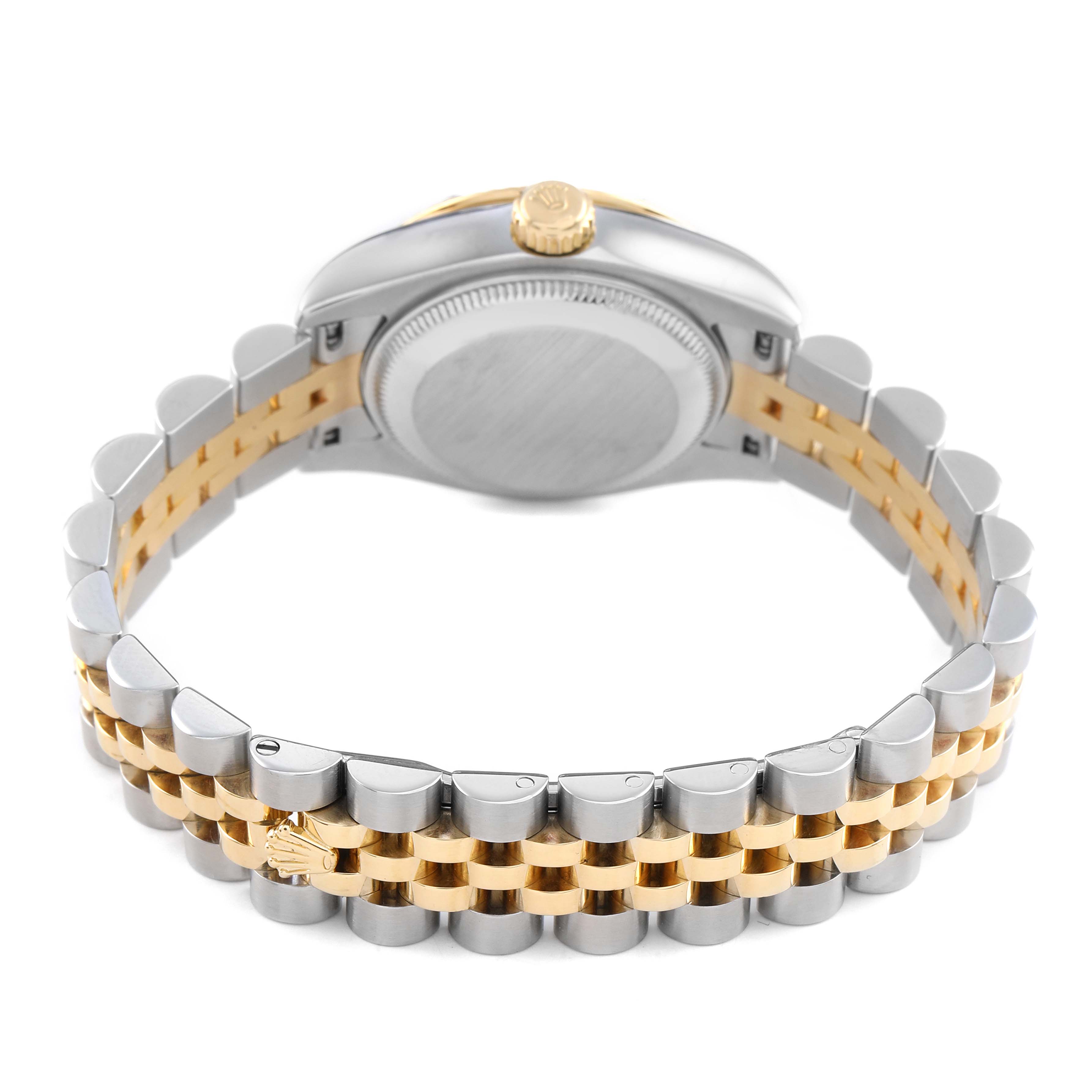 The image shows the back and side view of a Rolex Datejust 179313 Men's Steel and Gold (two tone) Silver Dial watch, highlighting the two-tone bracelet and case back.