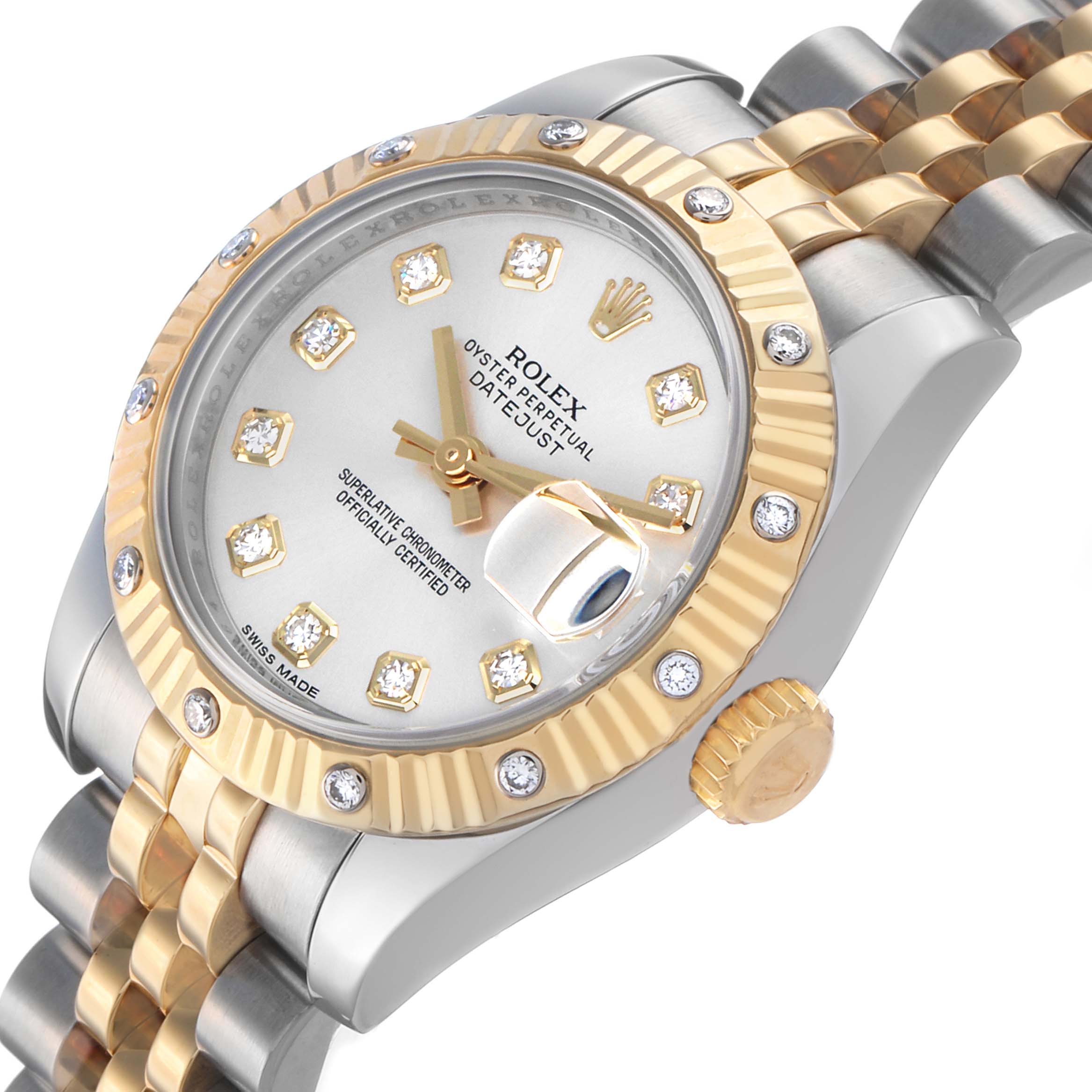 The Rolex Datejust 179313 Men's Steel and Gold (two tone) Silver Dial is shown at a slight angle, highlighting its gold and silver bezel, diamond markers, and jubilee bracelet.