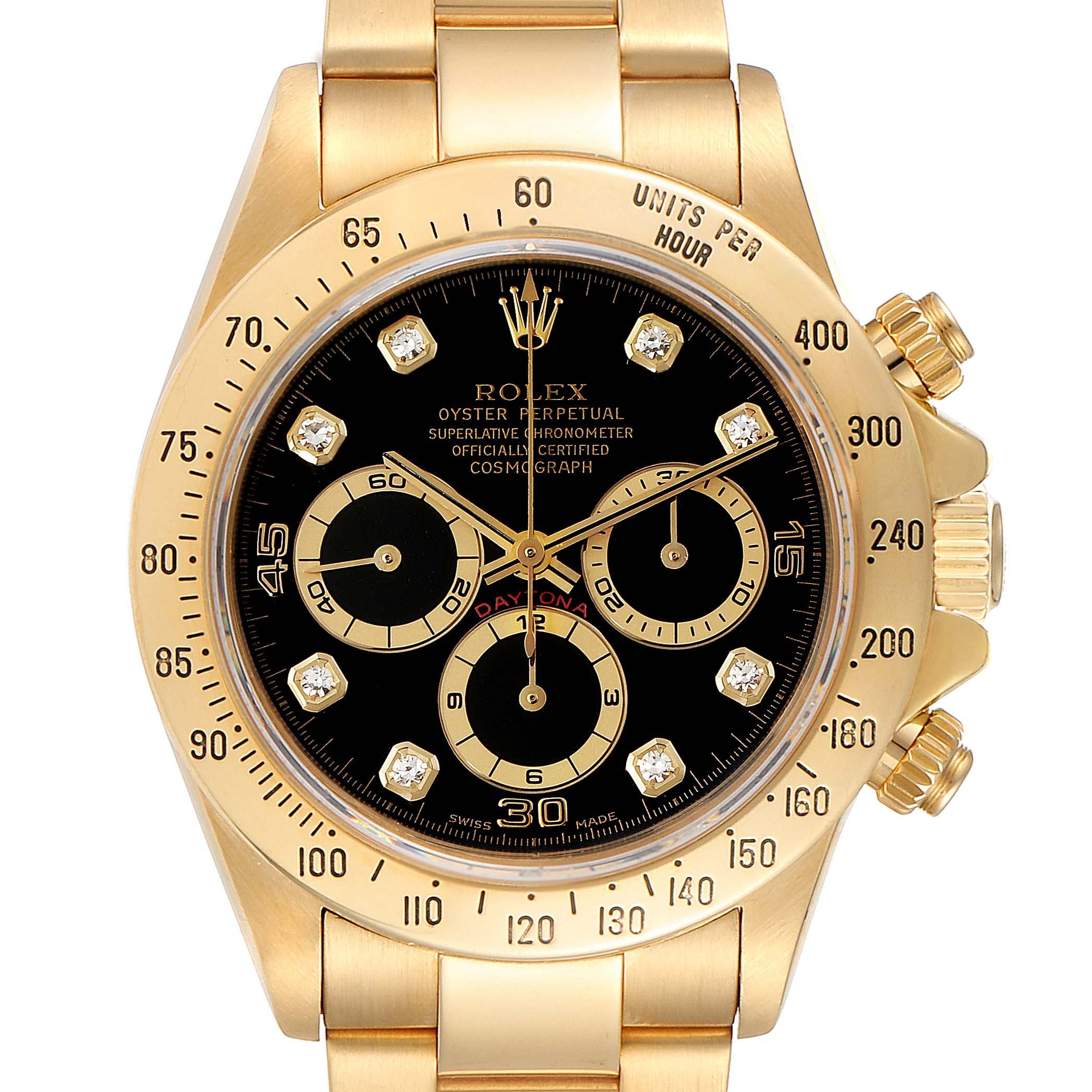 This image shows the front view of the Rolex Daytona 16528 Men's Yellow Gold Black Dial 16528 Men's Yellow Gold Black Dial watch, highlighting the dial, bezel, and chronograph subdials.
