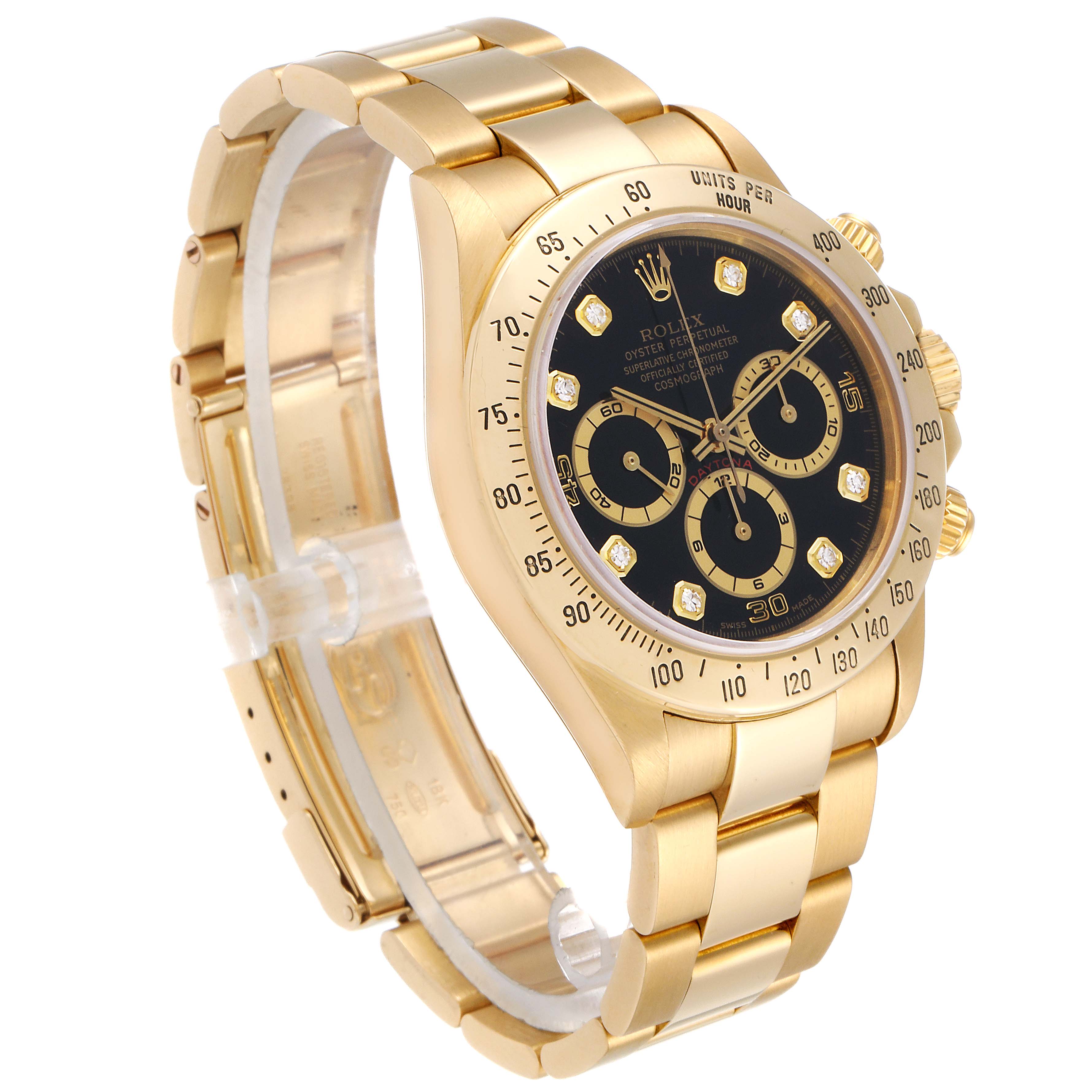 This image shows a side view of the Rolex Daytona 16528 Men's Yellow Gold Black Dial 16528 Men's Yellow Gold Black Dial watch, highlighting its gold bracelet, black dial, and bezel.