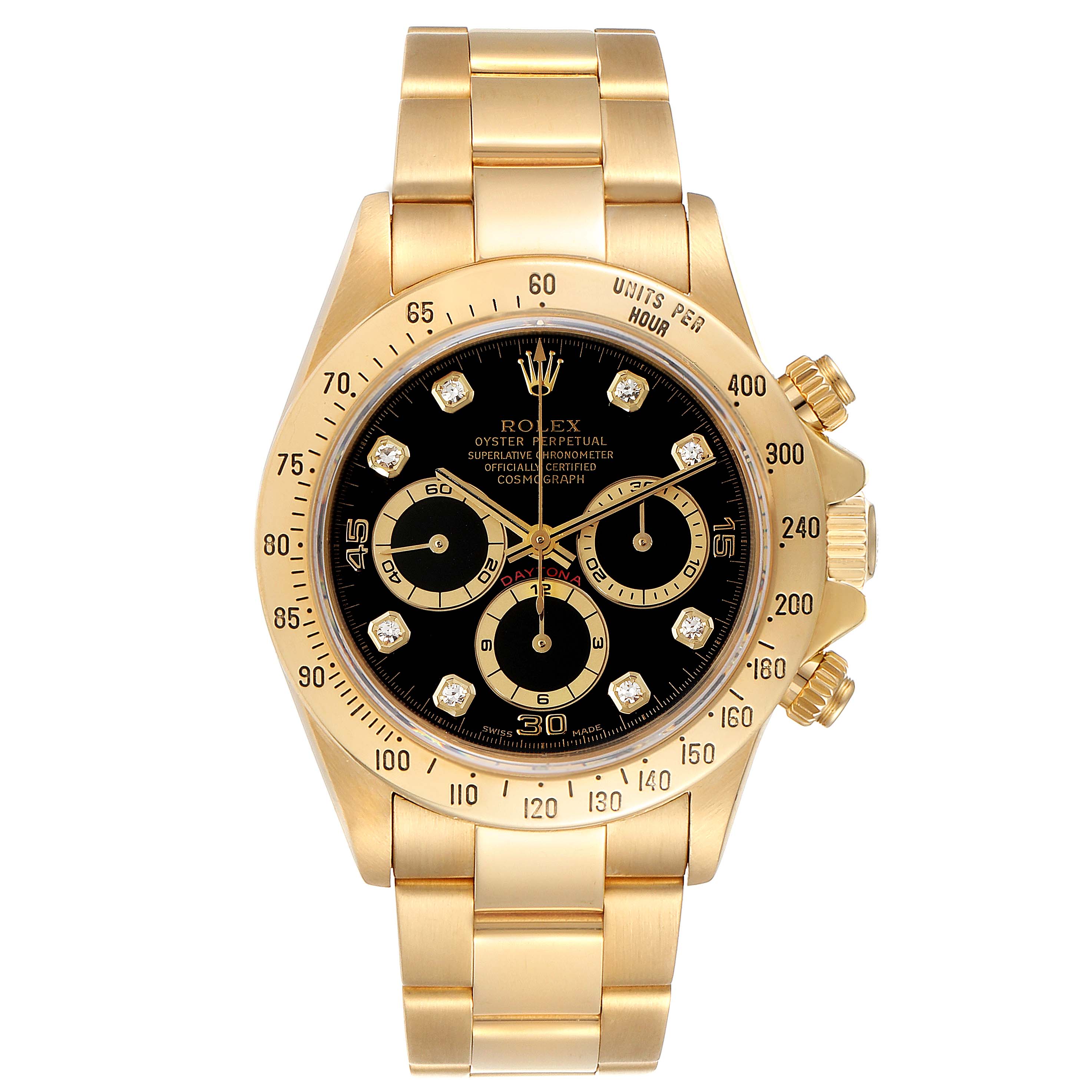 This is a Rolex Daytona 16528 Men's Yellow Gold Black Dial 16528 Men's Yellow Gold Black Dial watch, shown from a front angle, highlighting its black dial, gold case, and bracelet.