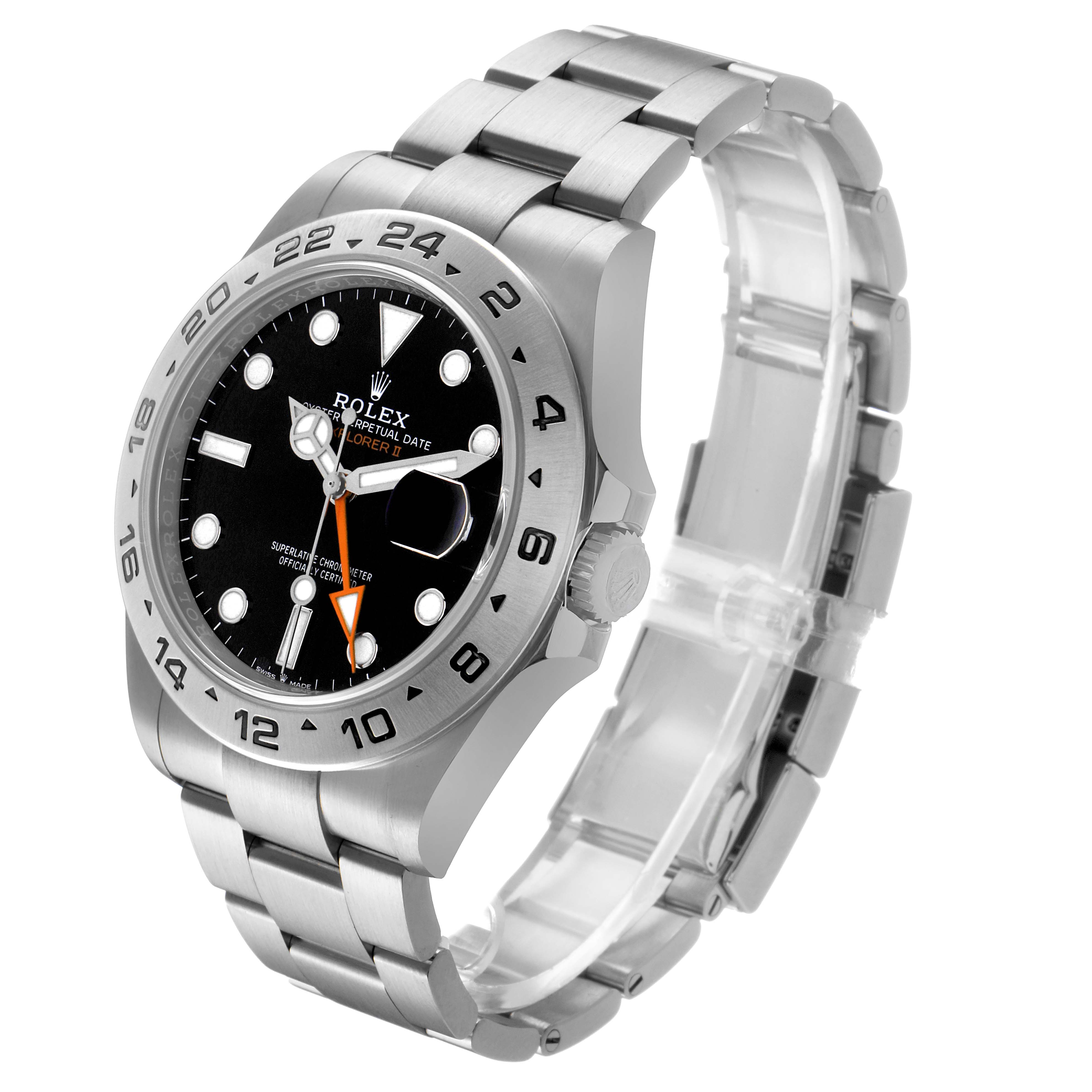 The Rolex Explorer 226570 Men's Stainless Steel Black Dial watch is shown at a three-quarter angle, highlighting the dial, bezel, and bracelet.