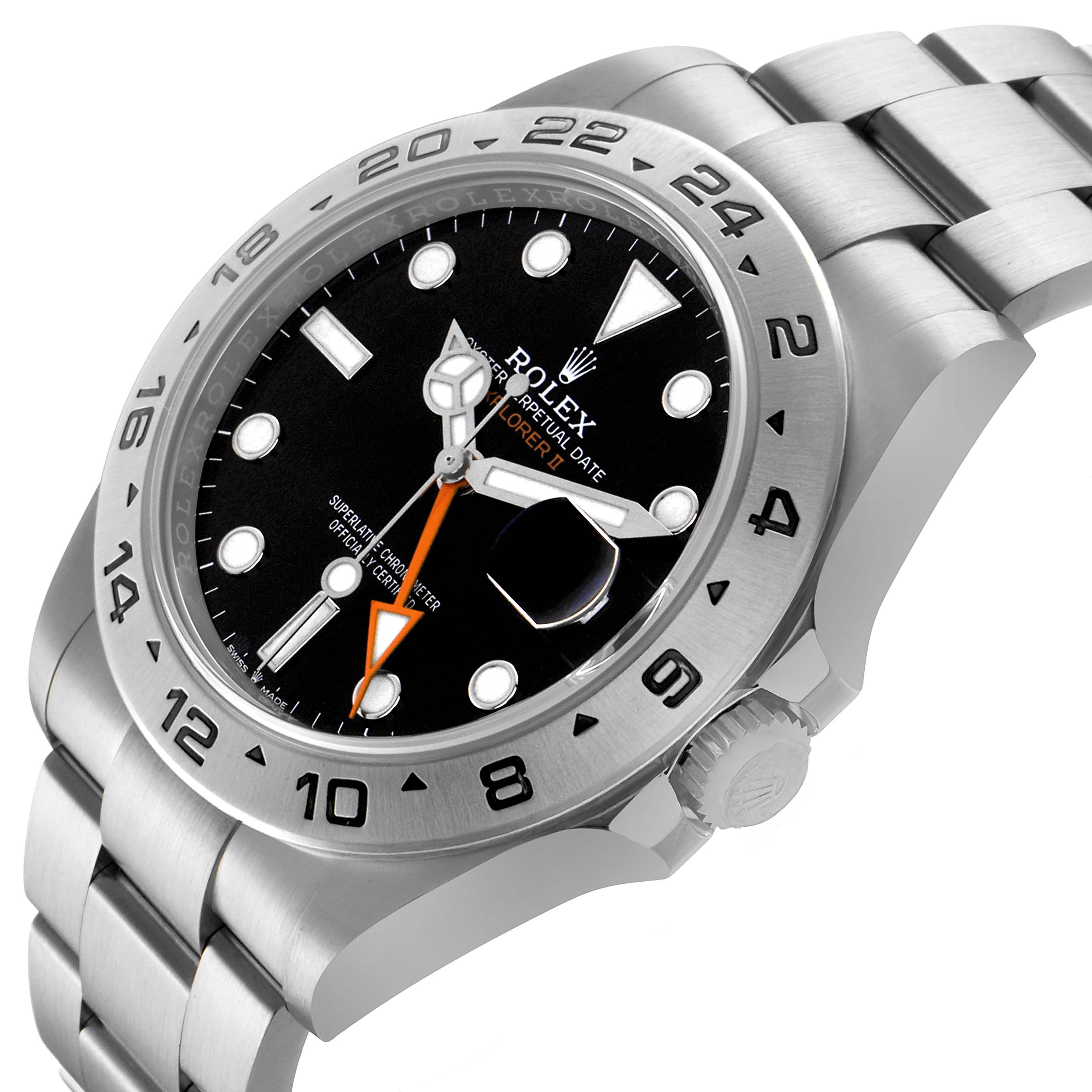 The Rolex Explorer 226570 Men's Stainless Steel Black Dial watch is shown at a slight angle, highlighting the bezel, dial, bracelet, and crown.
