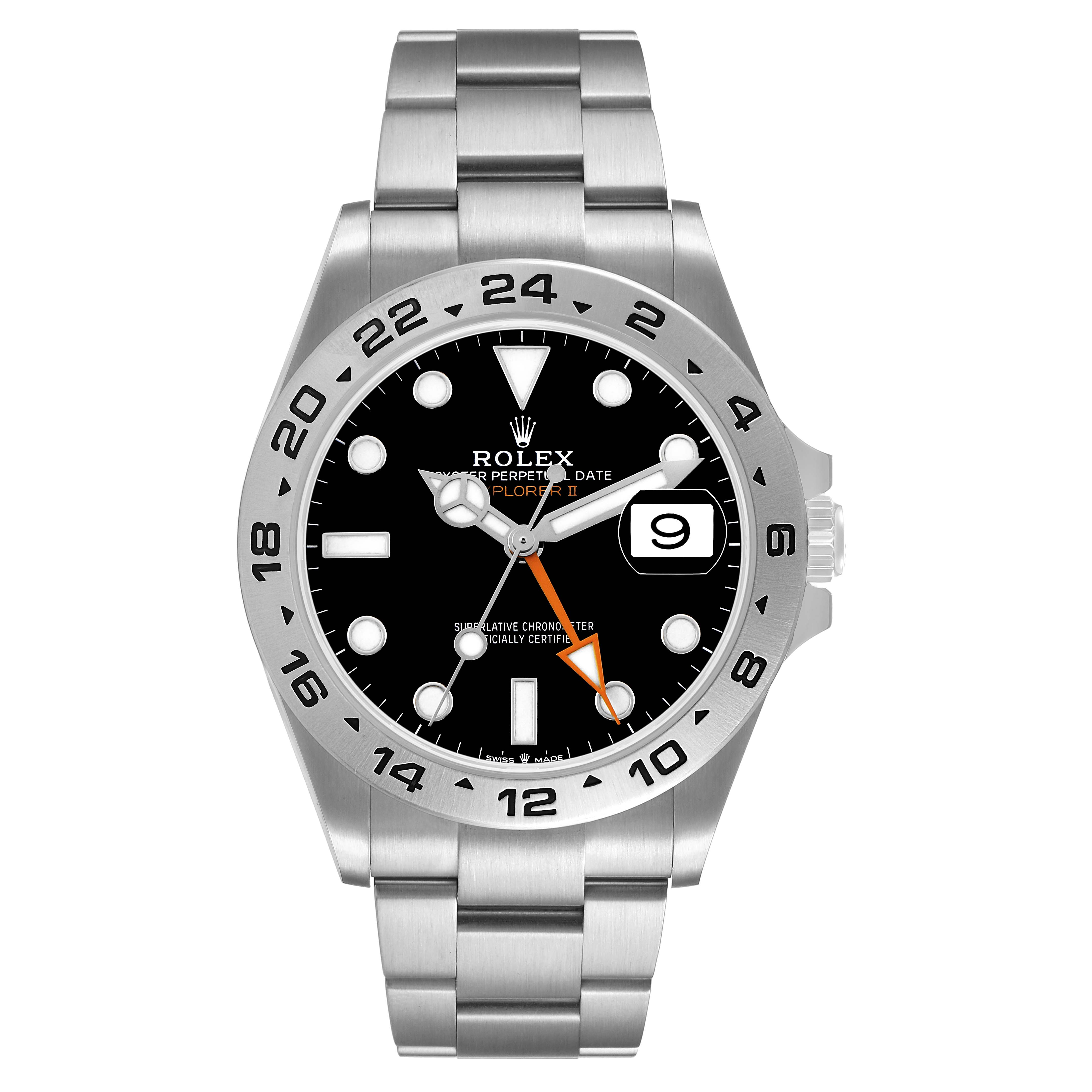 The Rolex Explorer 226570 Men's Stainless Steel Black Dial watch is shown from a front view, highlighting the dial, hands, date window, bezel, and bracelet.