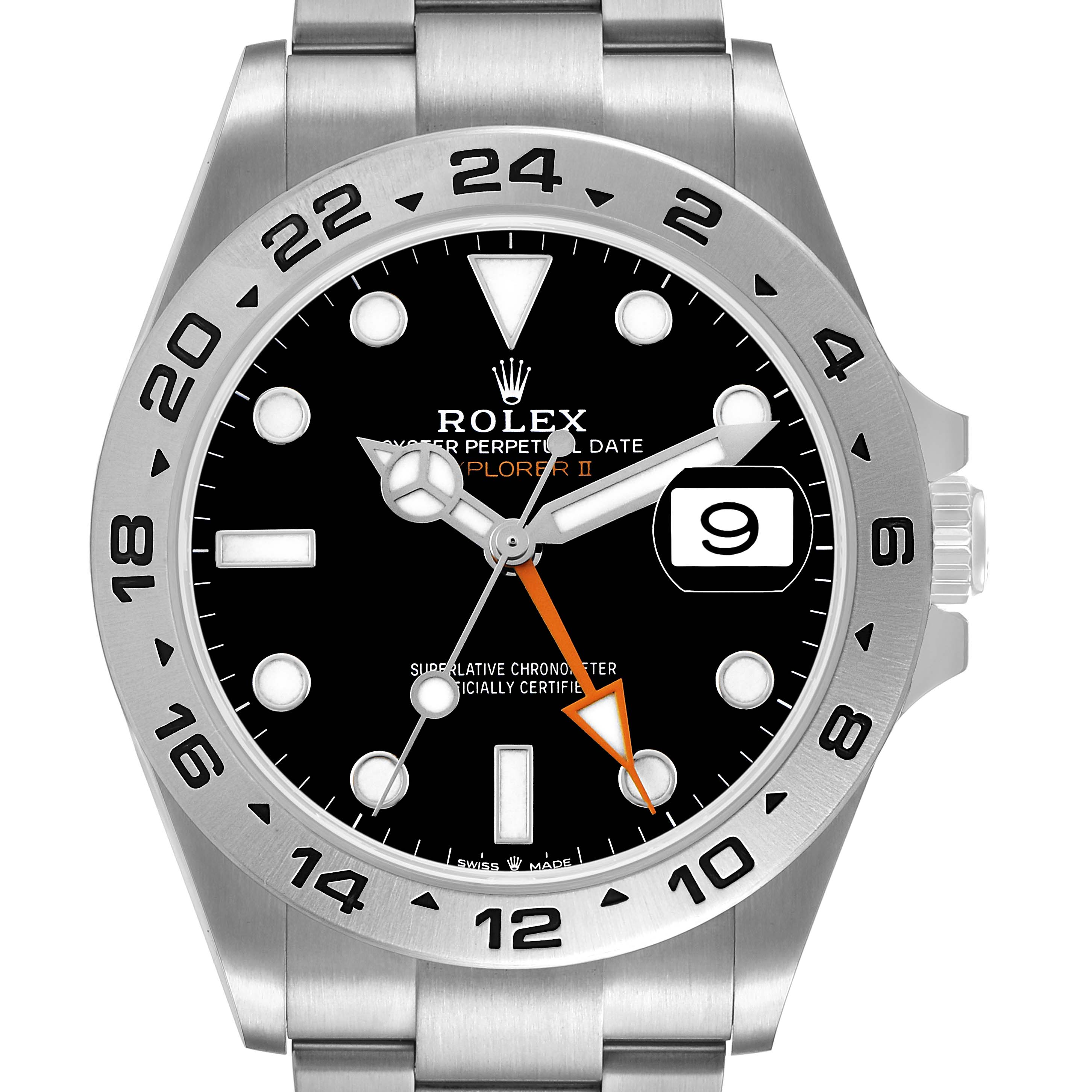 The Rolex Explorer 226570 Men's Stainless Steel Black Dial model is shown from the front, displaying its dial, bezel, hands, and part of the bracelet.