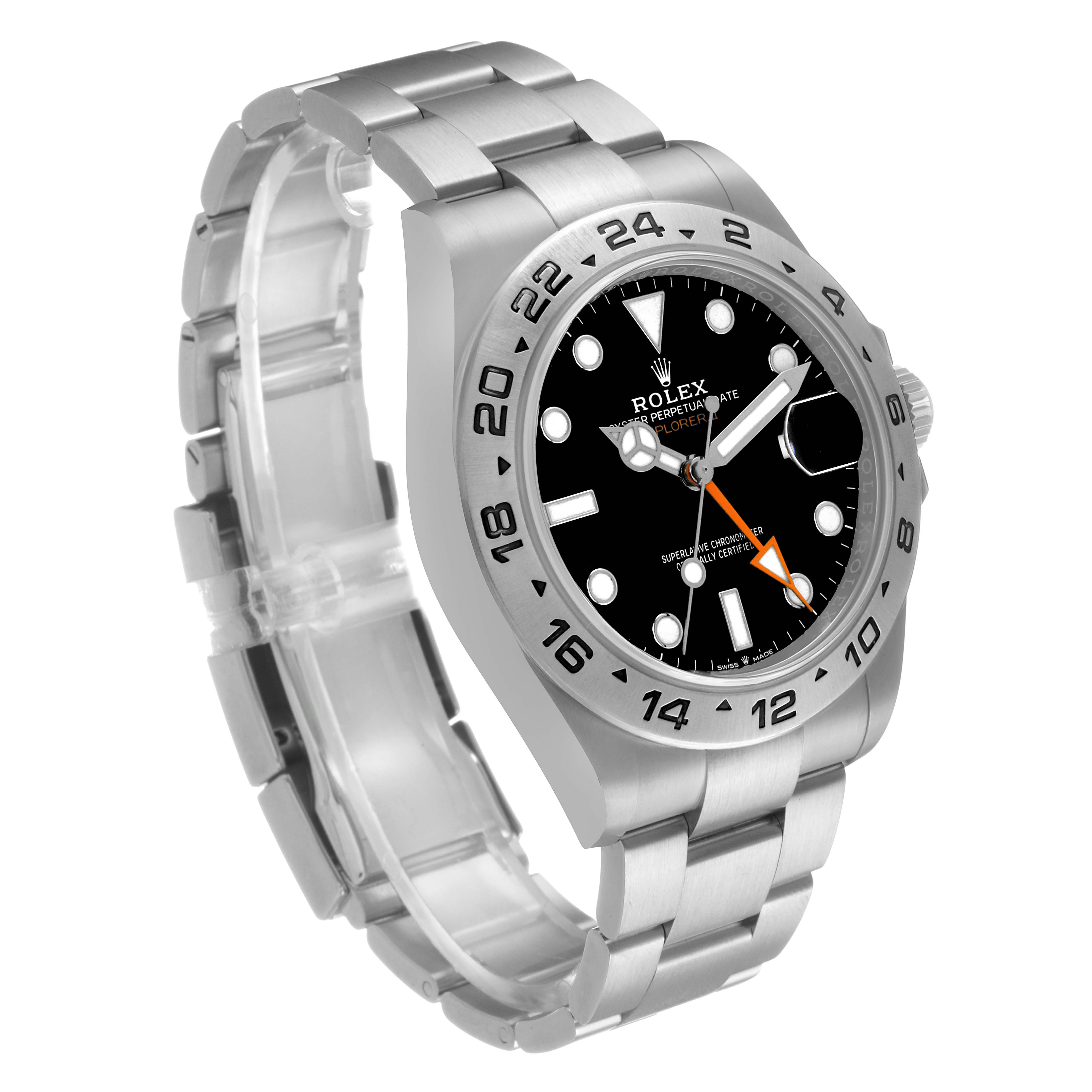 The image shows a side view of a Rolex Explorer 226570 Men's Stainless Steel Black Dial watch, highlighting its bezel, dial, and bracelet.
