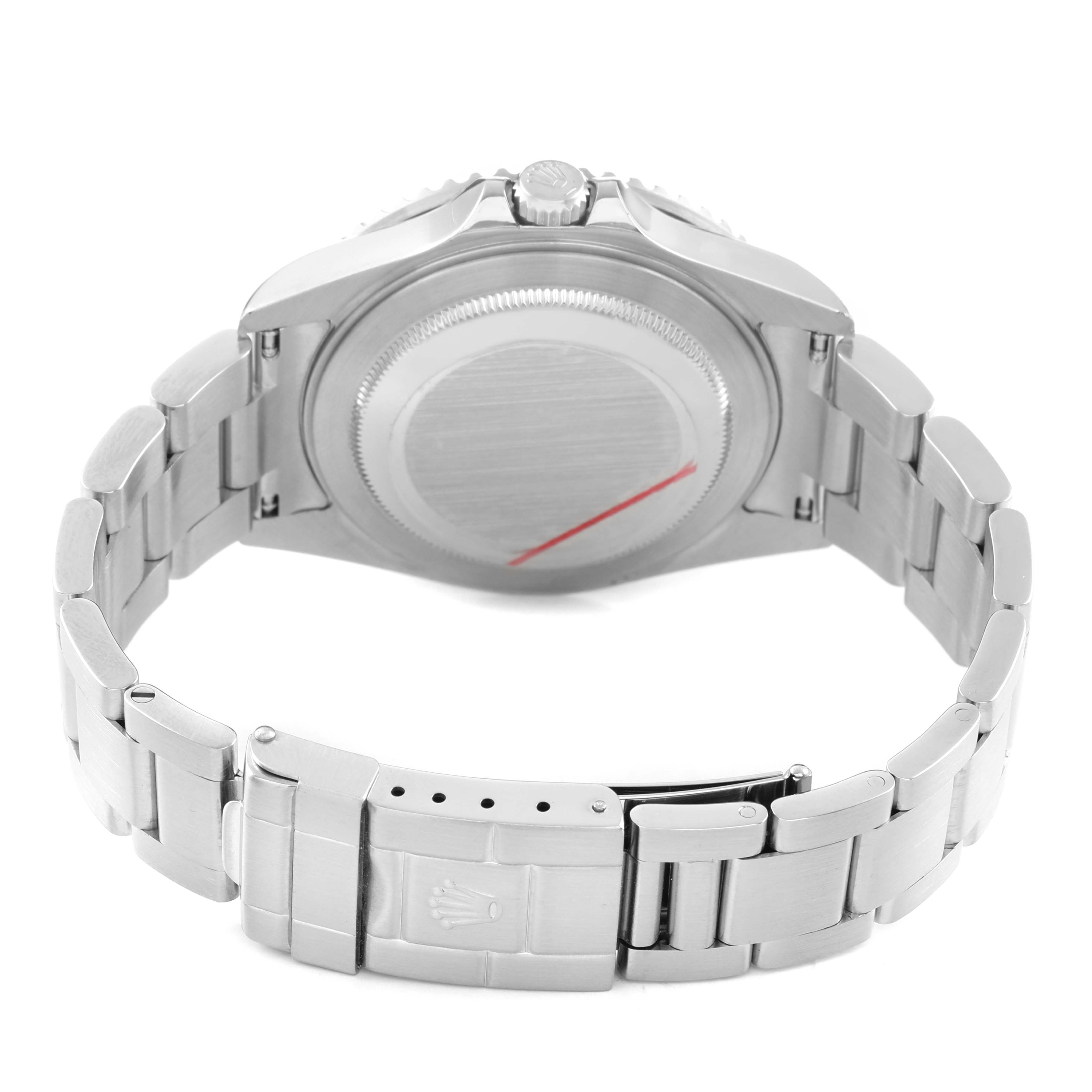 The Rolex GMT-Master 16710 Men's Stainless Steel Black Dial is shown from the back, highlighting the case back, bracelet, and clasp.