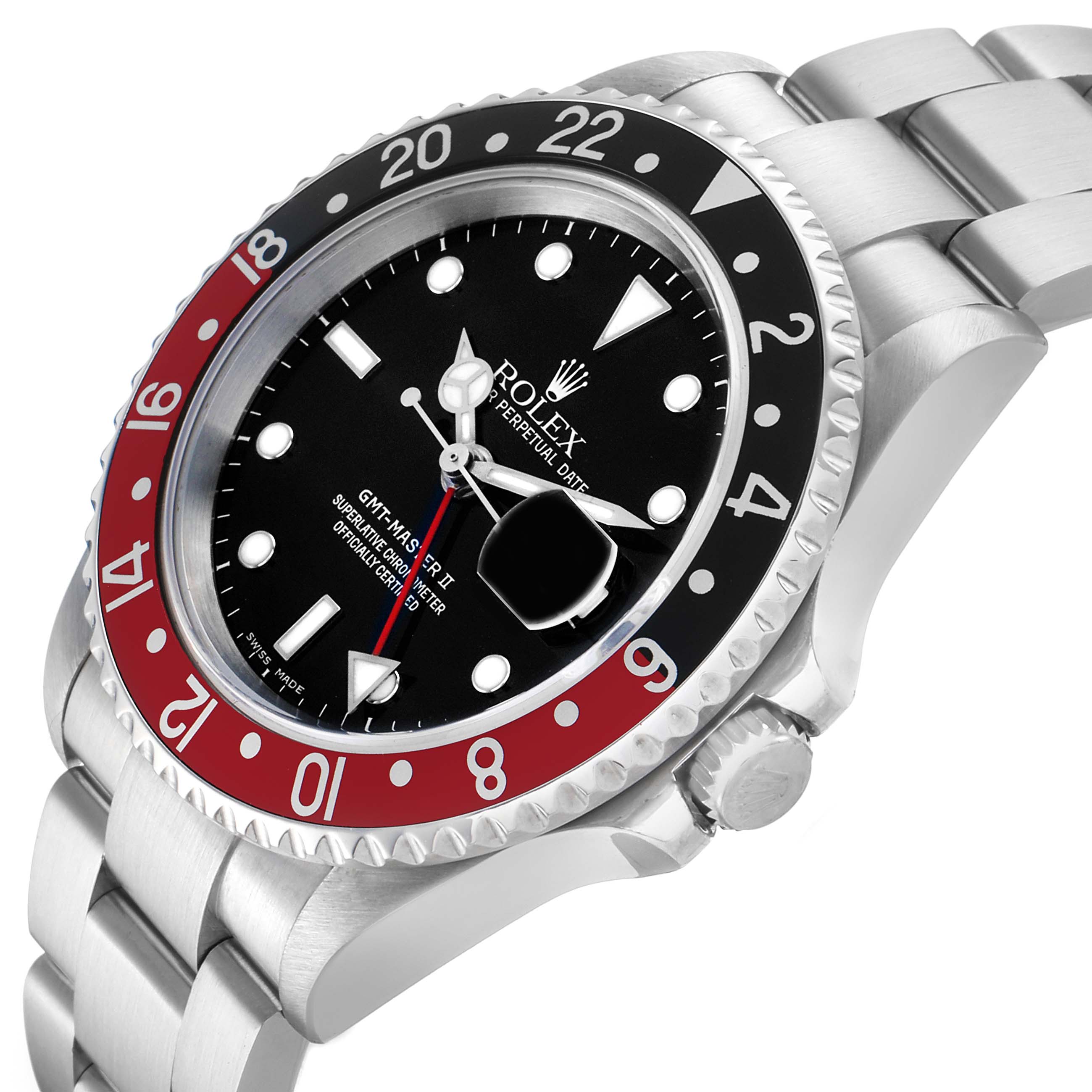 The image shows a Rolex GMT-Master 16710 Men's Stainless Steel Black Dial model from a three-quarter angle, highlighting the bezel, dial, crown, and bracelet.