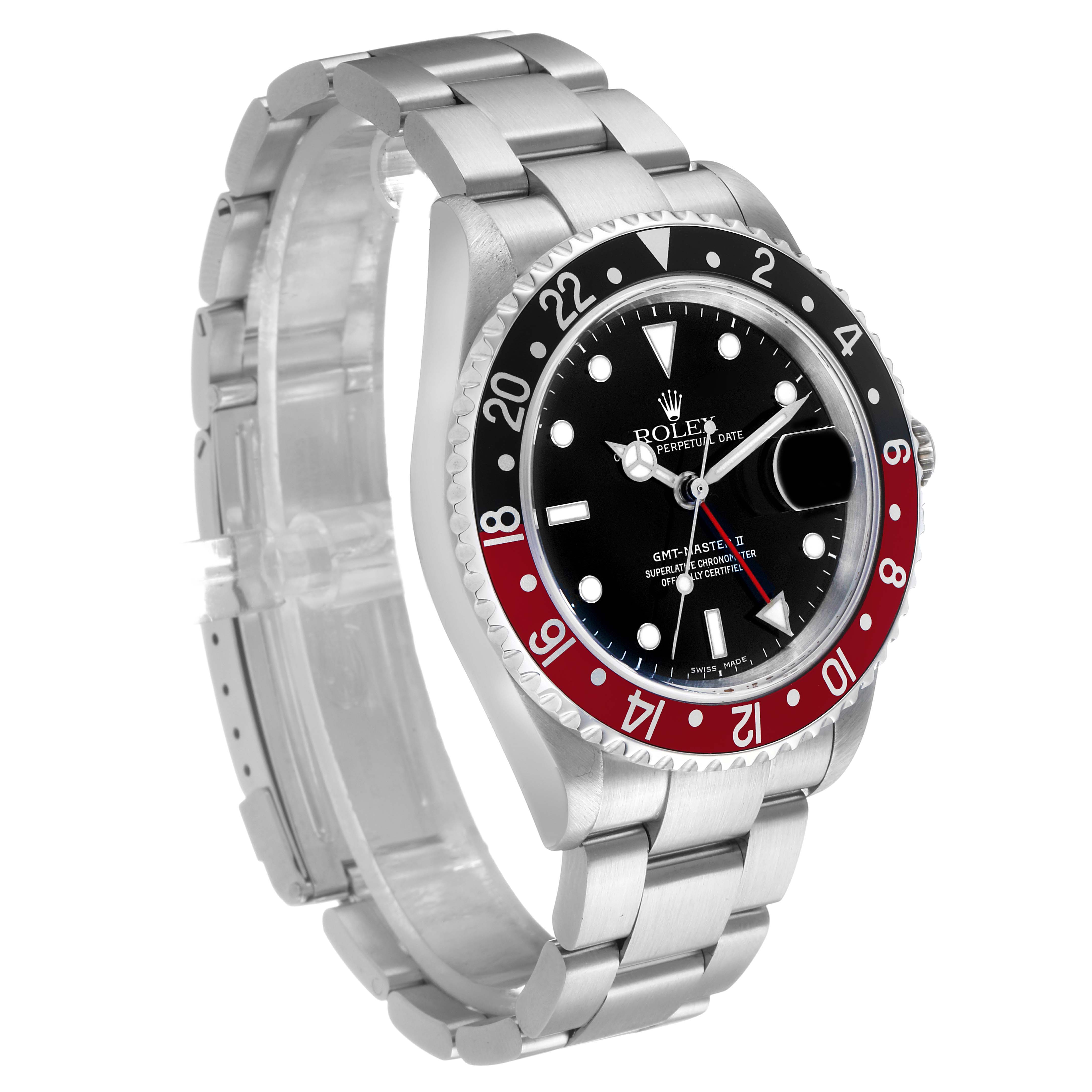 The Rolex GMT-Master 16710 Men's Stainless Steel Black Dial watch is shown from a front-left angle, displaying the bezel, dial, bracelet, and crown.