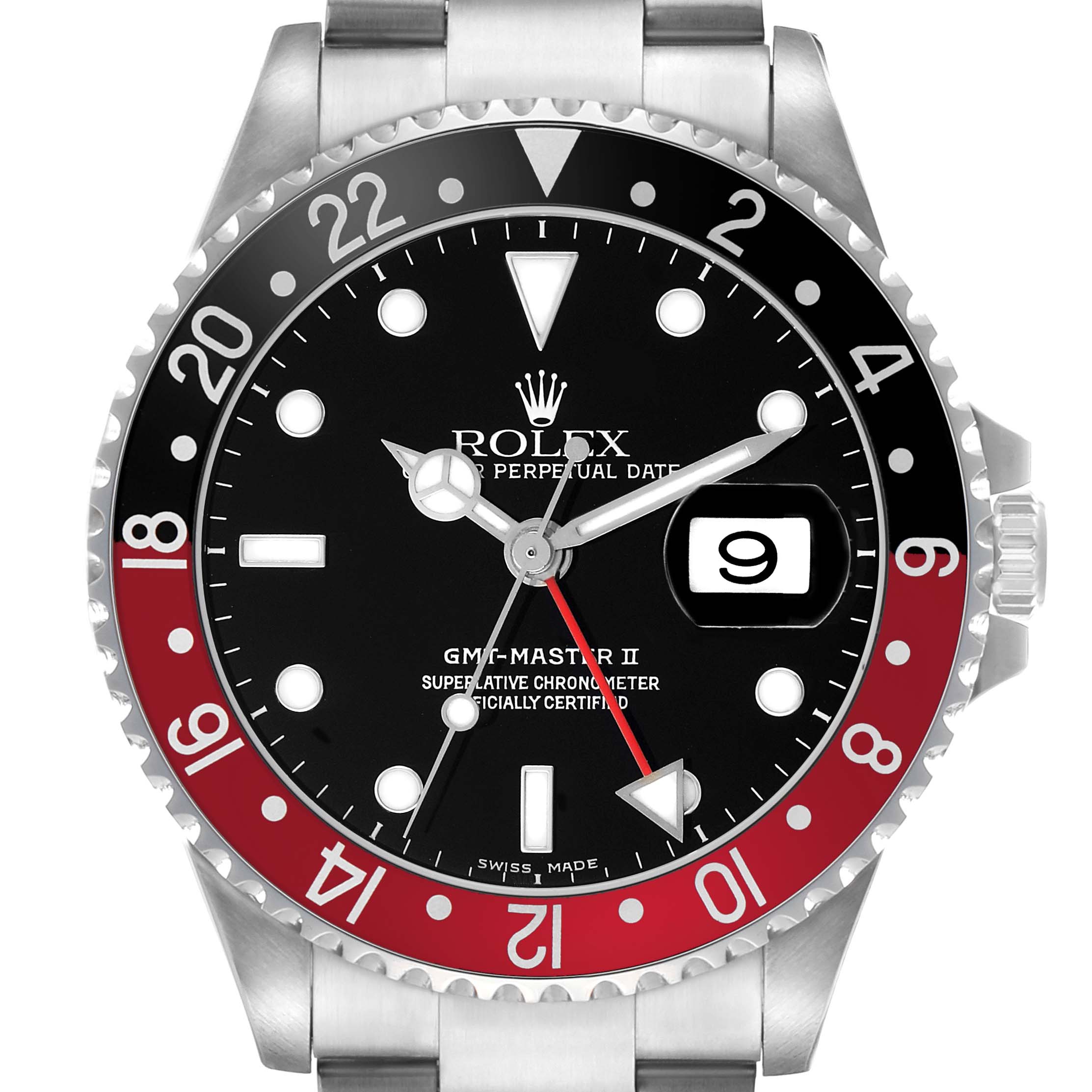 The Rolex GMT-Master 16710 Men's Stainless Steel Black Dial model shows a straight-on angle highlighting the red and black bezel, dial, and date window.