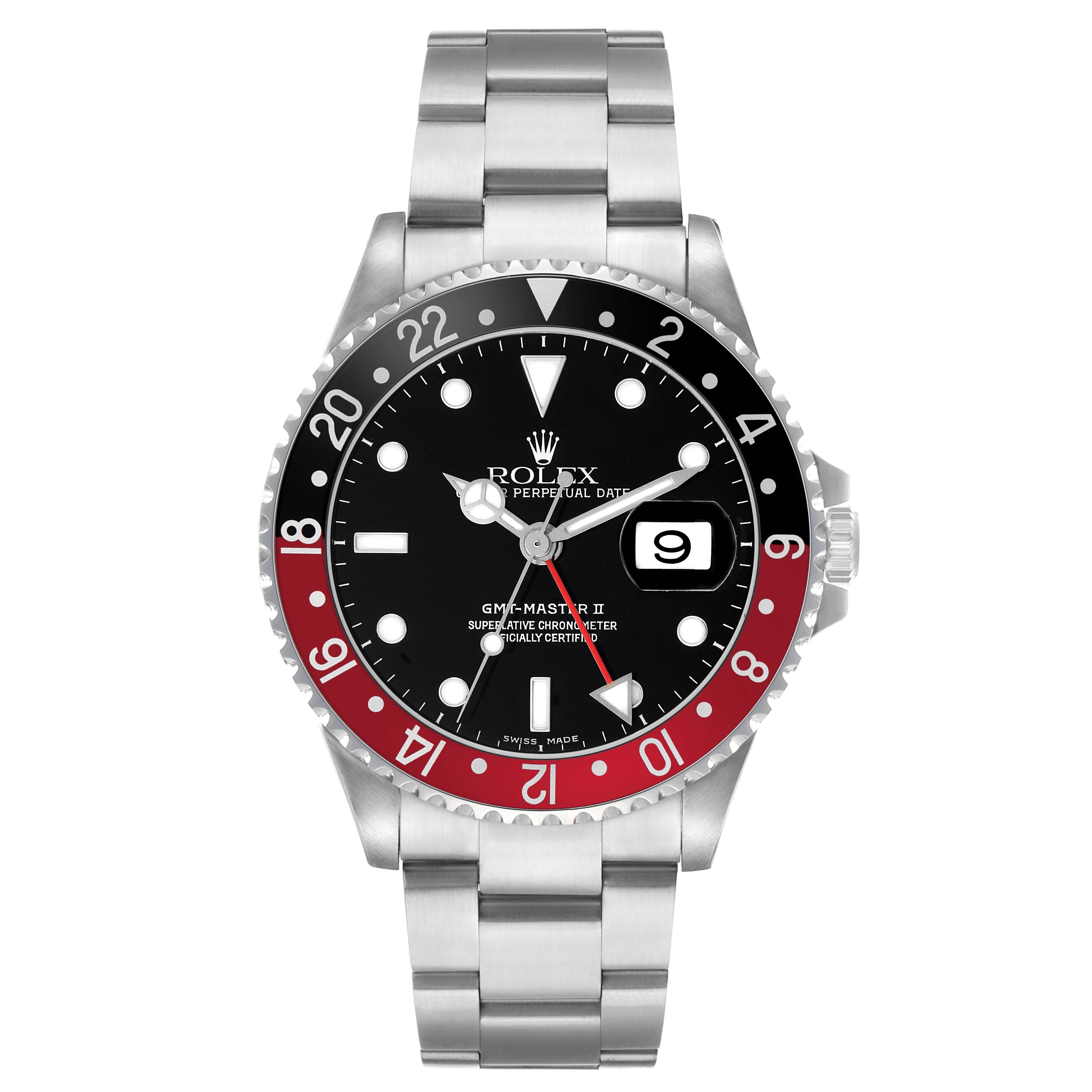 The Rolex GMT-Master 16710 Men's Stainless Steel Black Dial watch is shown from the front, featuring the bezel, dial, and bracelet.
