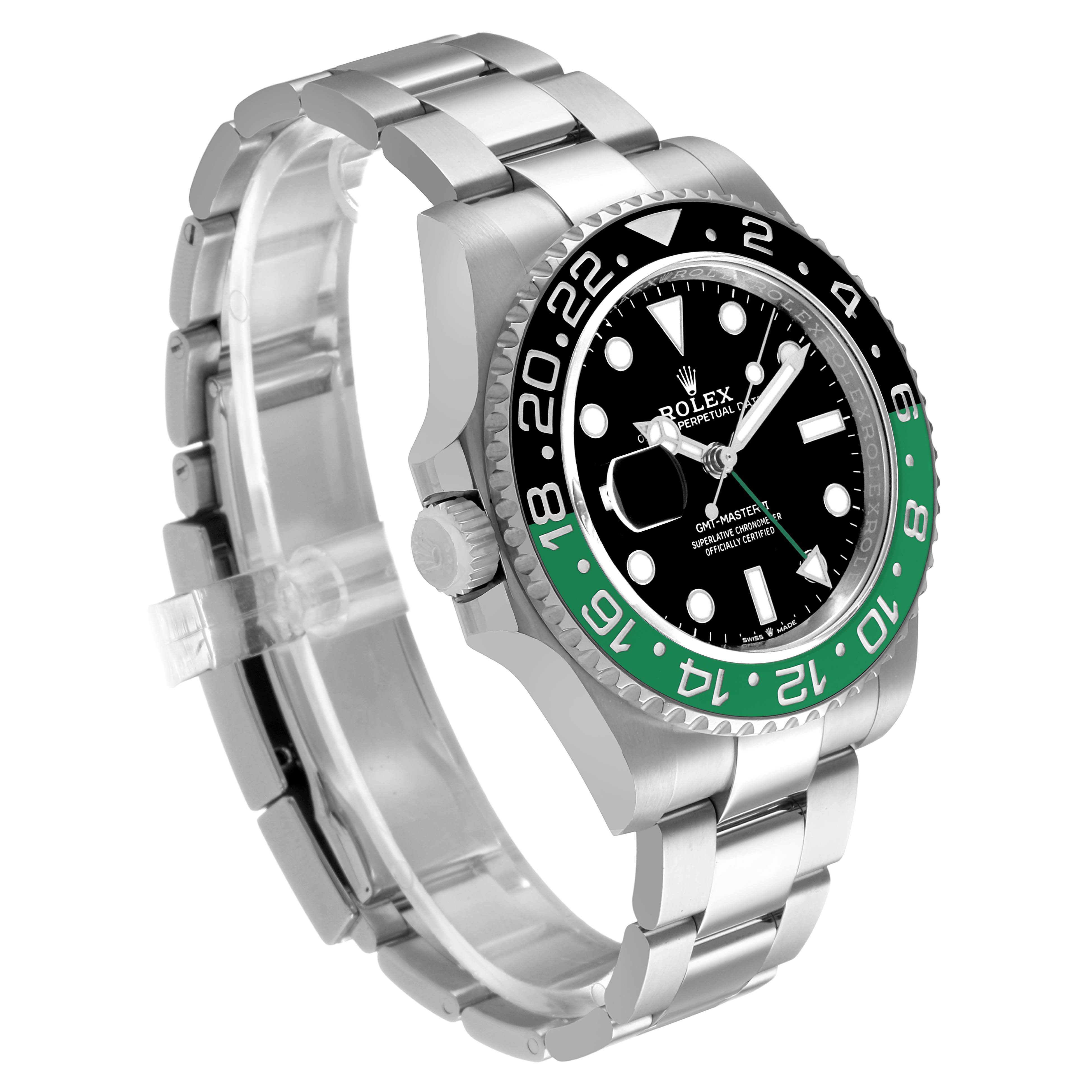 The Rolex GMT-Master 126720VTNR Men's Stainless Steel Black Dial is shown from a front angle, highlighting the bezel, dial, crown, and bracelet.