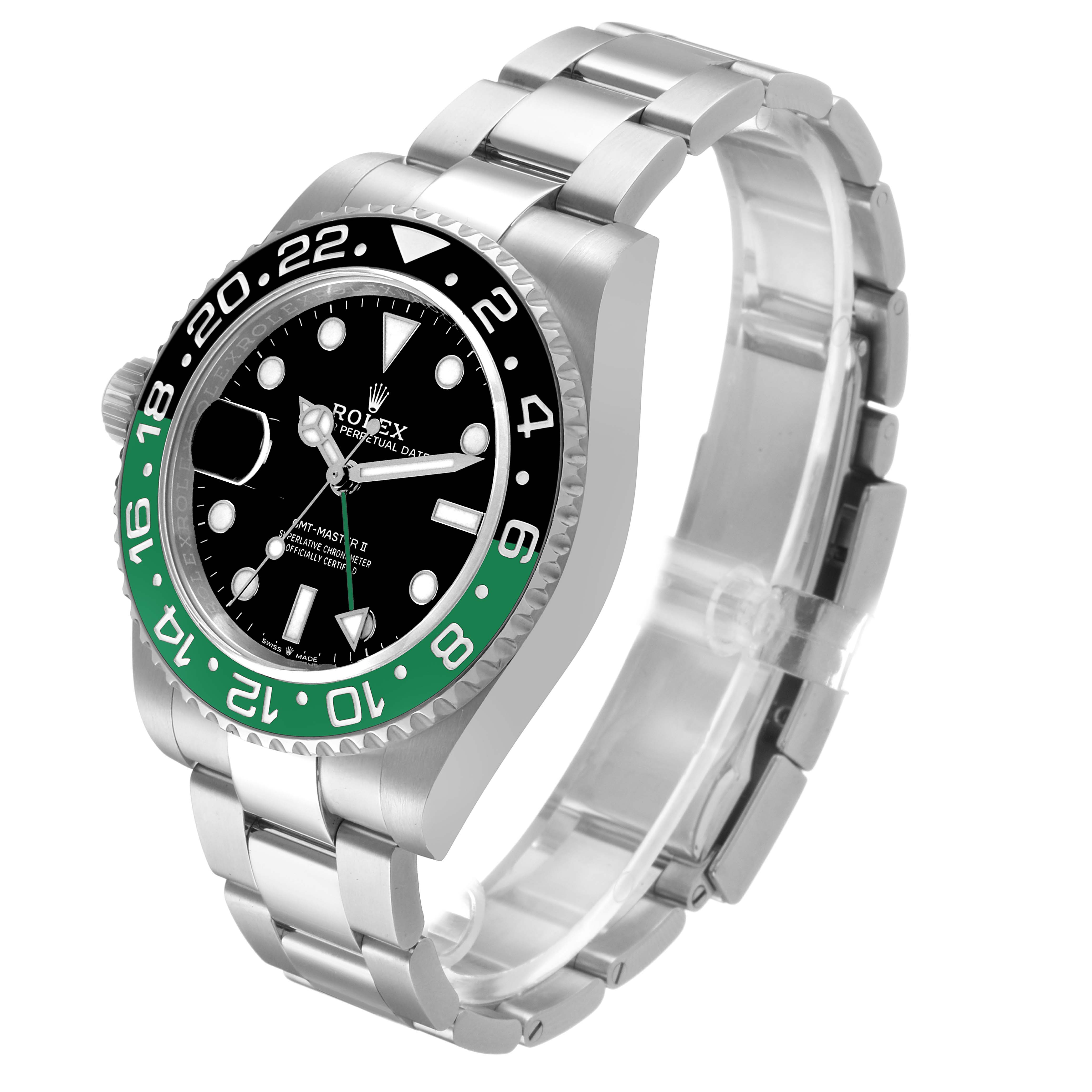 The Rolex GMT-Master 126720VTNR Men's Stainless Steel Black Dial watch is shown at a three-quarter angle, displaying the bezel, dial, and bracelet.
