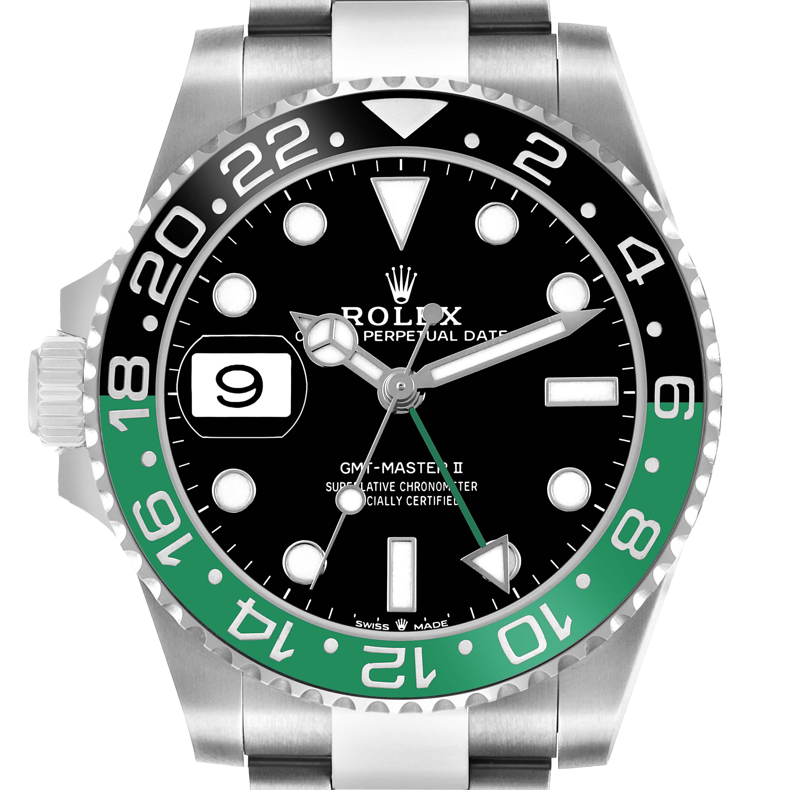 The Rolex GMT-Master 126720VTNR Men's Stainless Steel Black Dial watch is shown from the front, displaying the bezel, dial, hands, date window, and part of the bracelet.