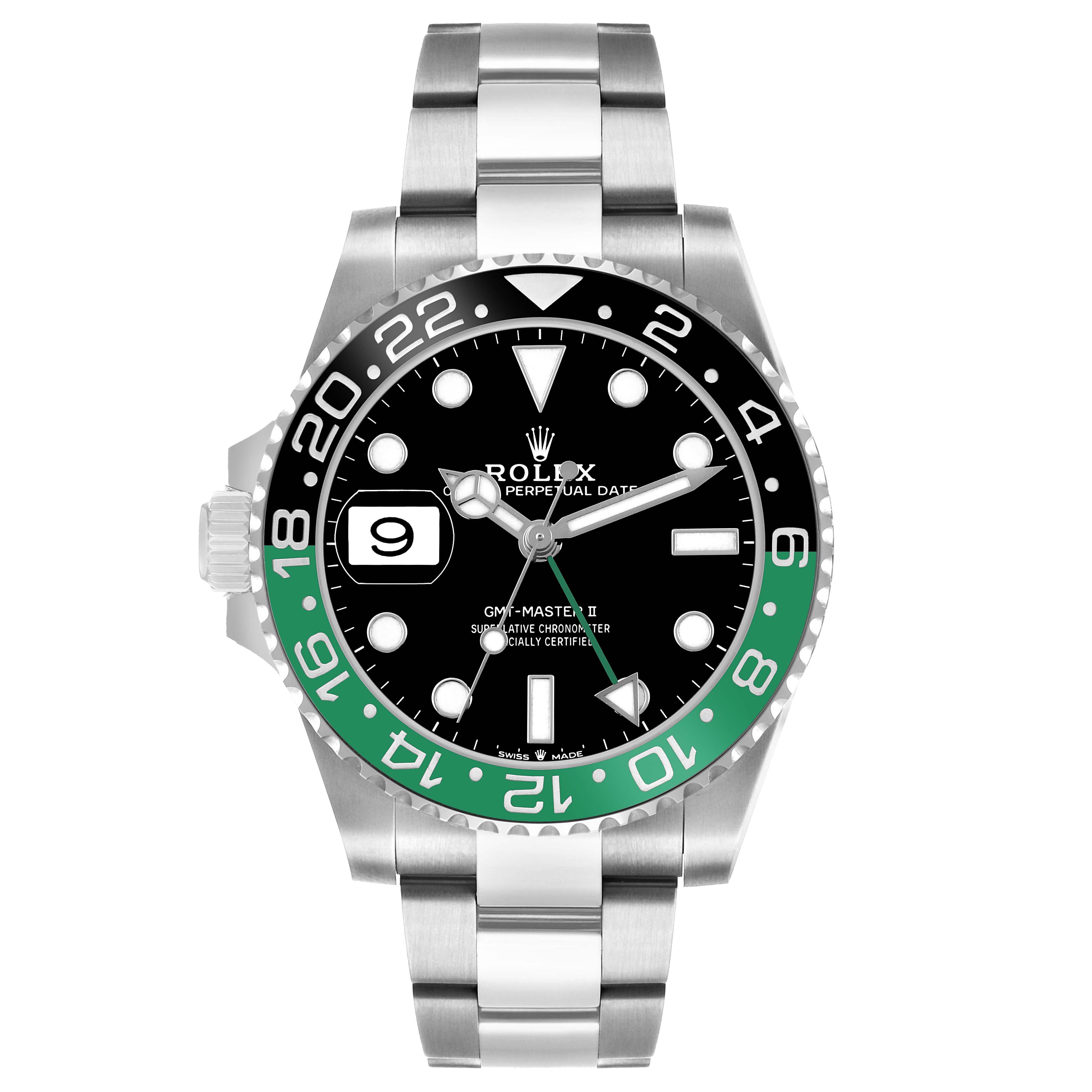 The Rolex GMT-Master 126720VTNR Men's Stainless Steel Black Dial watch is shown from a front angle, displaying the bezel, dial, hands, and bracelet.