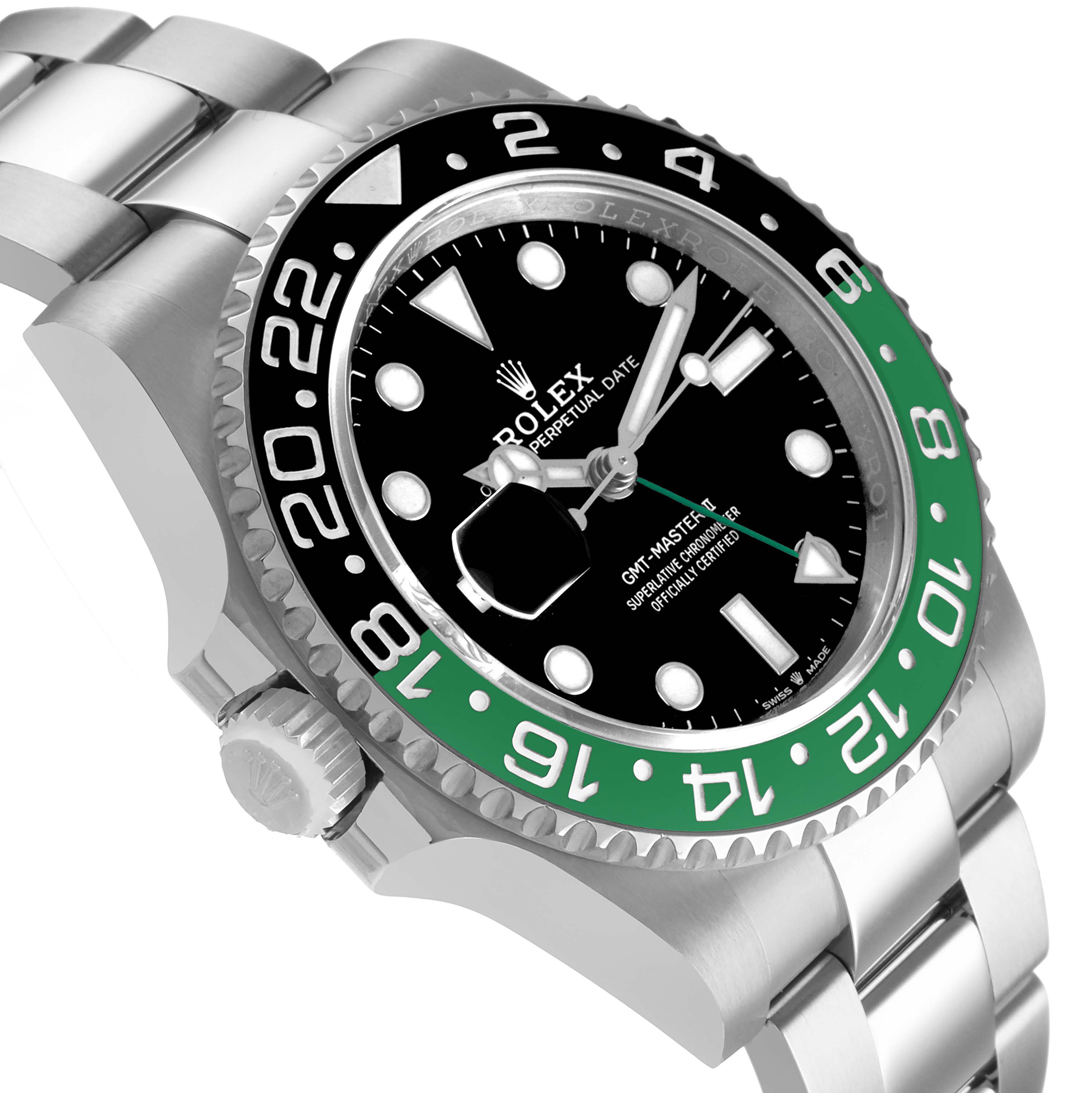 The Rolex GMT-Master 126720VTNR Men's Stainless Steel Black Dial is shown at a three-quarter angle, highlighting its bezel, dial, crown, and bracelet.