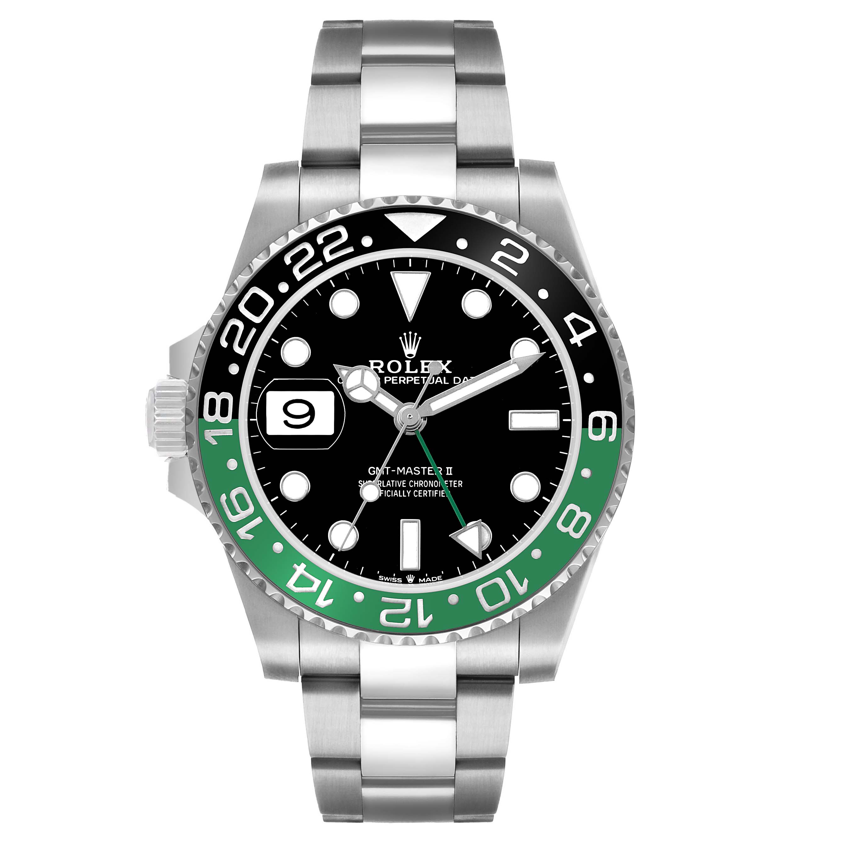 The Rolex GMT-Master 126720VTNR Men's Stainless Steel Black Dial watch is shown from the front, displaying the bezel, dial, hands, and bracelet.