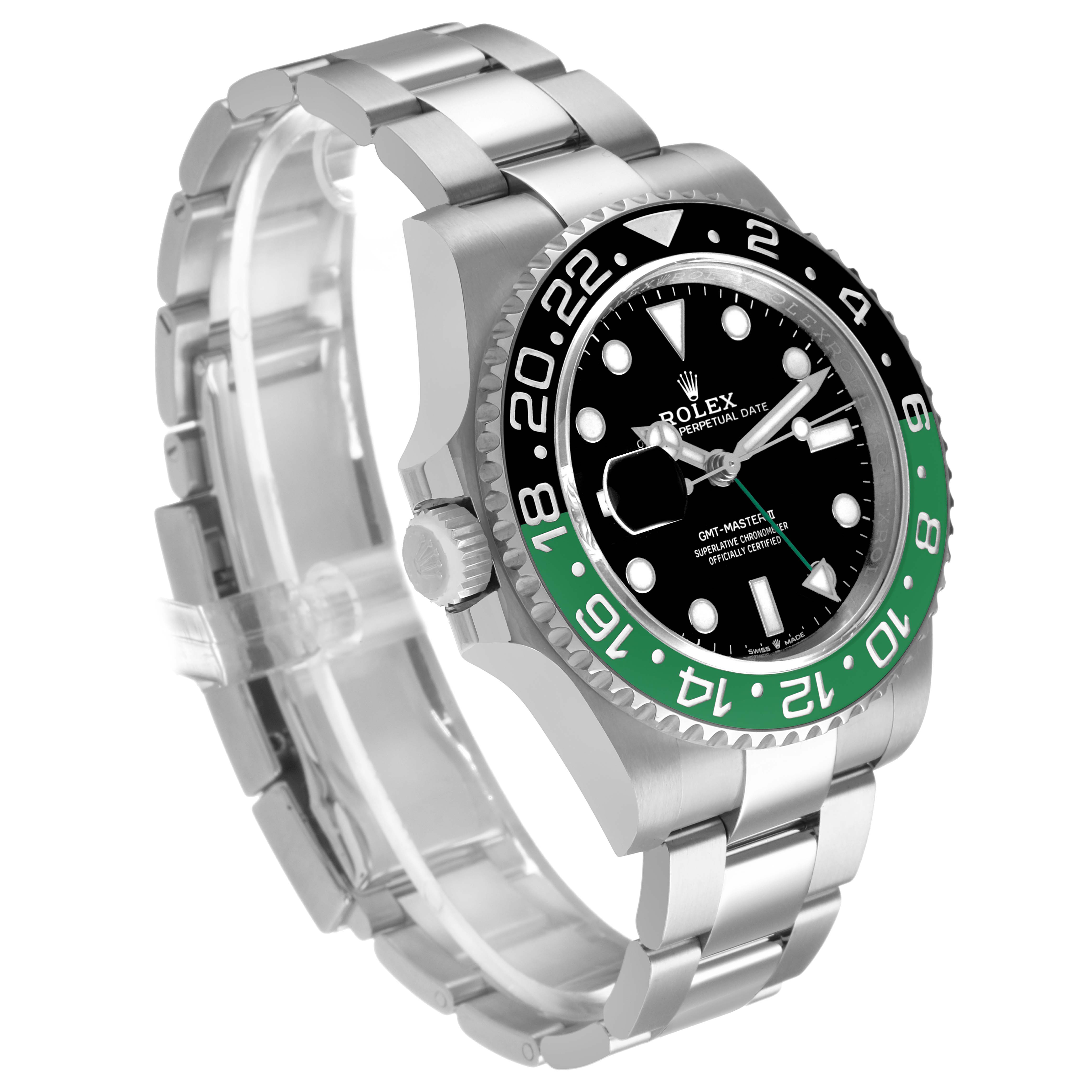 The Rolex GMT-Master 126720VTNR Men's Stainless Steel Black Dial watch is shown at a three-quarter angle, displaying the bezel, dial, and bracelet prominently.