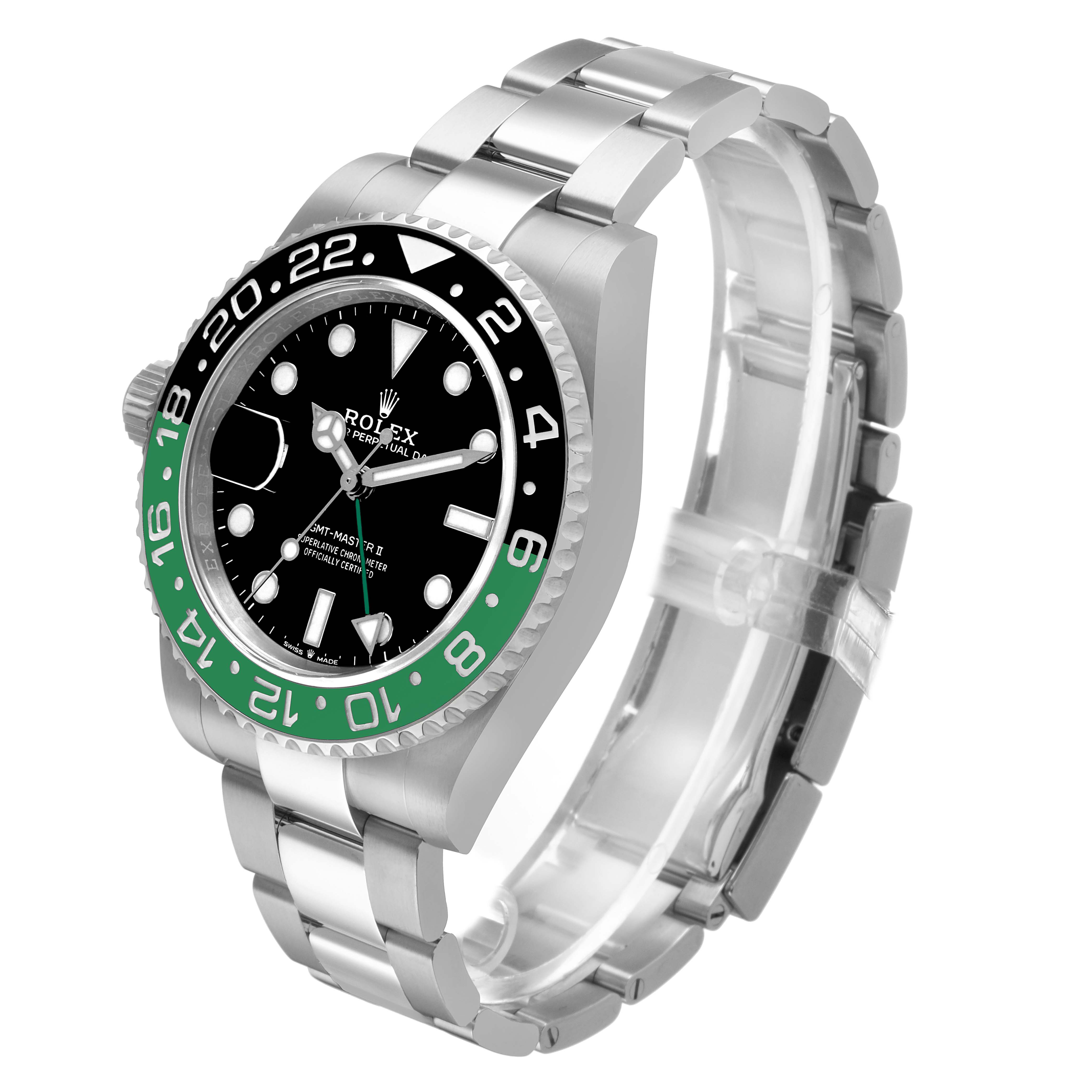 The Rolex GMT-Master 126720VTNR Men's Stainless Steel Black Dial watch is shown at an angle highlighting the case, bezel, dial, and bracelet.