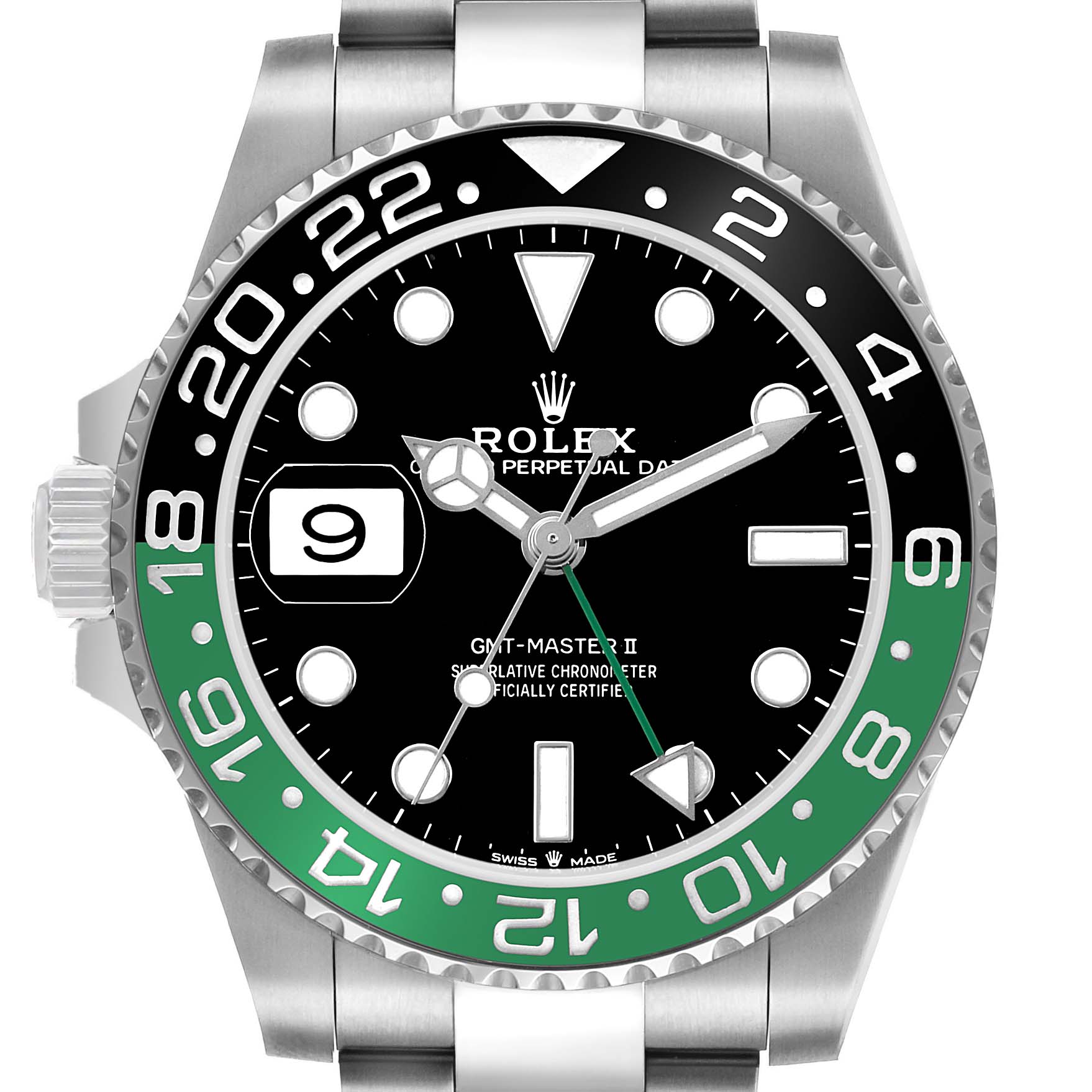 The Rolex GMT-Master 126720VTNR Men's Stainless Steel Black Dial model is shown from a front angle, highlighting the bezel, dial, and crown.