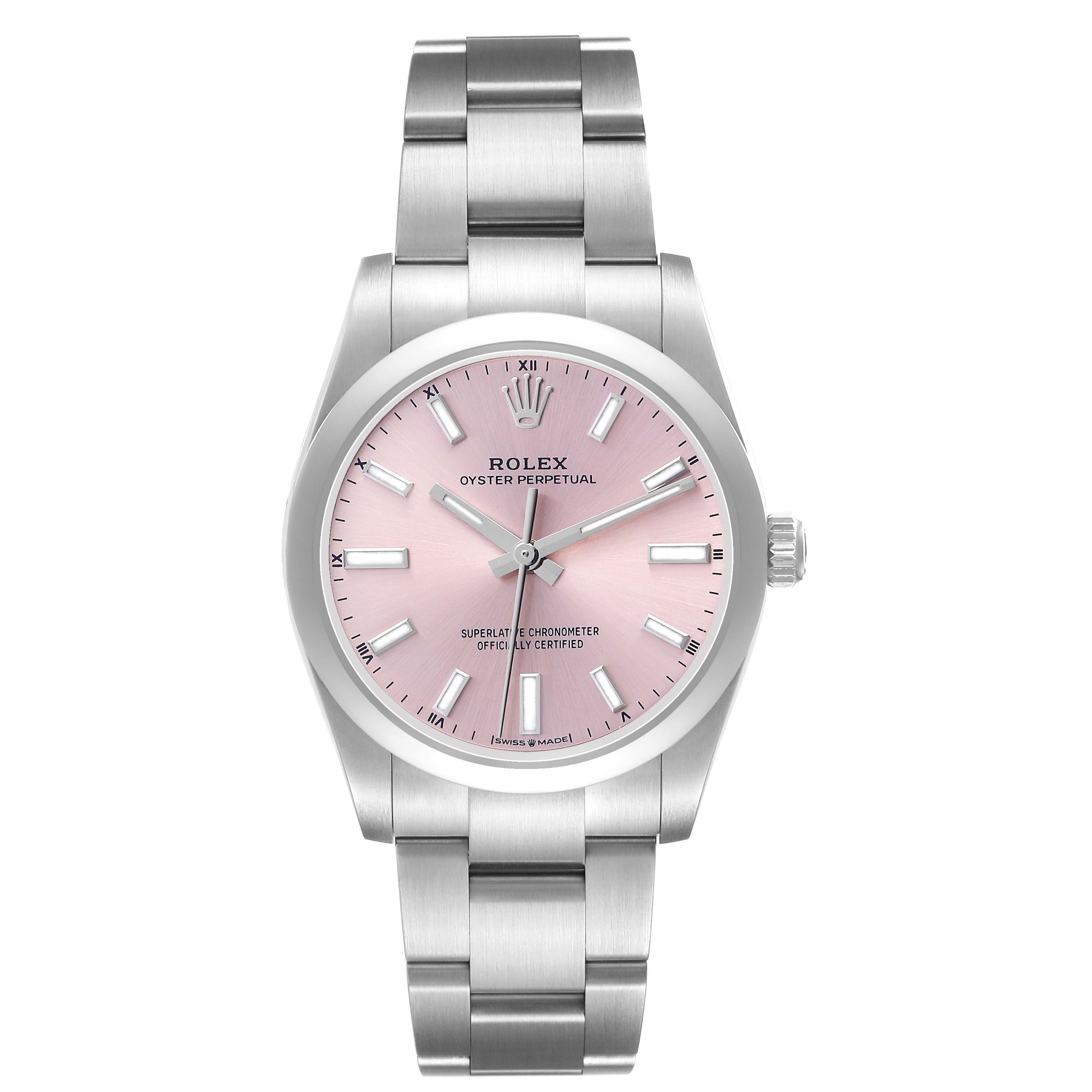 The Rolex Oyster Perpetual 124200 Men's Stainless Steel Pink Dial watch is shown from the front, displaying its pink dial and bracelet.