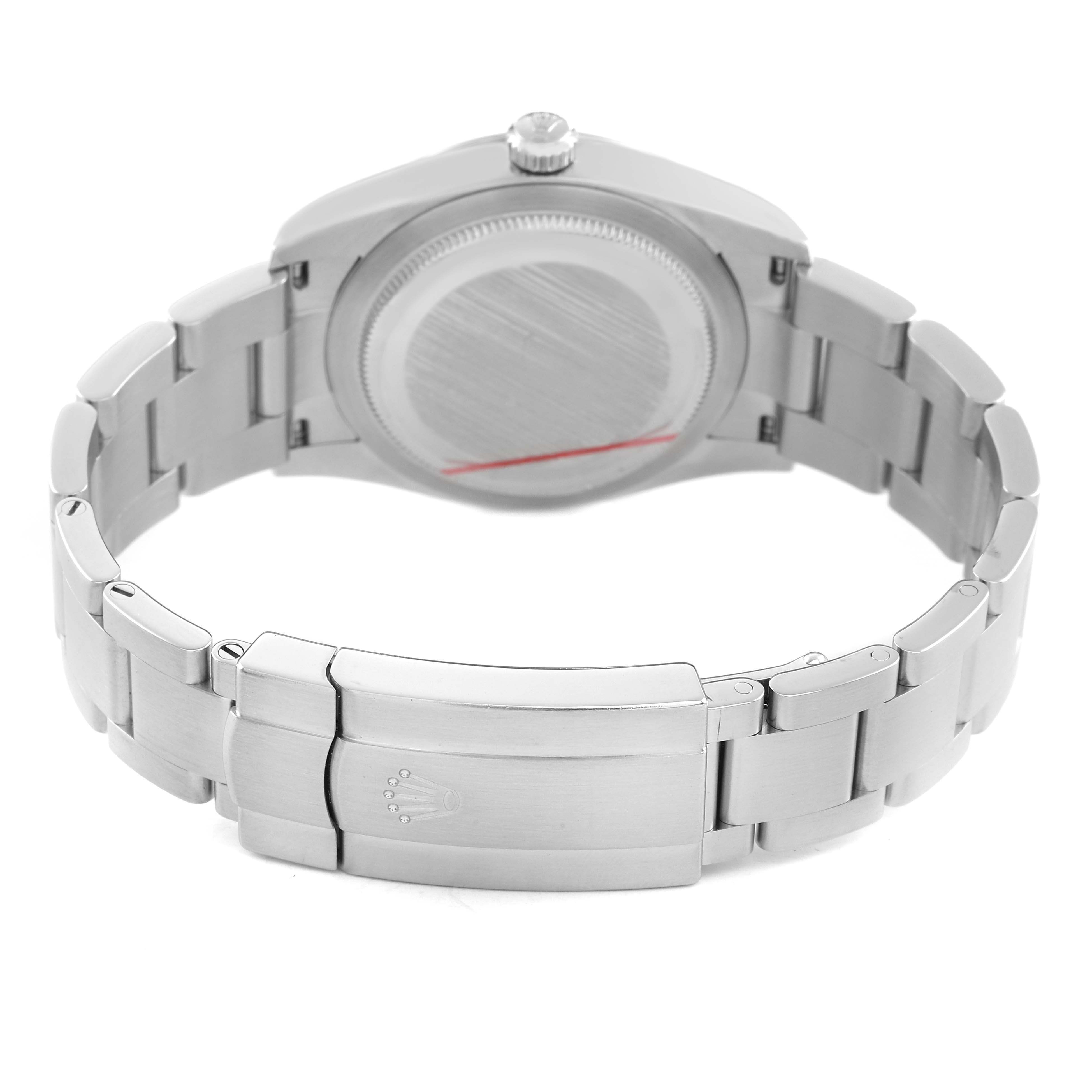 The image shows the back view of a Rolex Oyster Perpetual 124200 Men's Stainless Steel Pink Dial watch, featuring the case back and metal bracelet with a clasp.