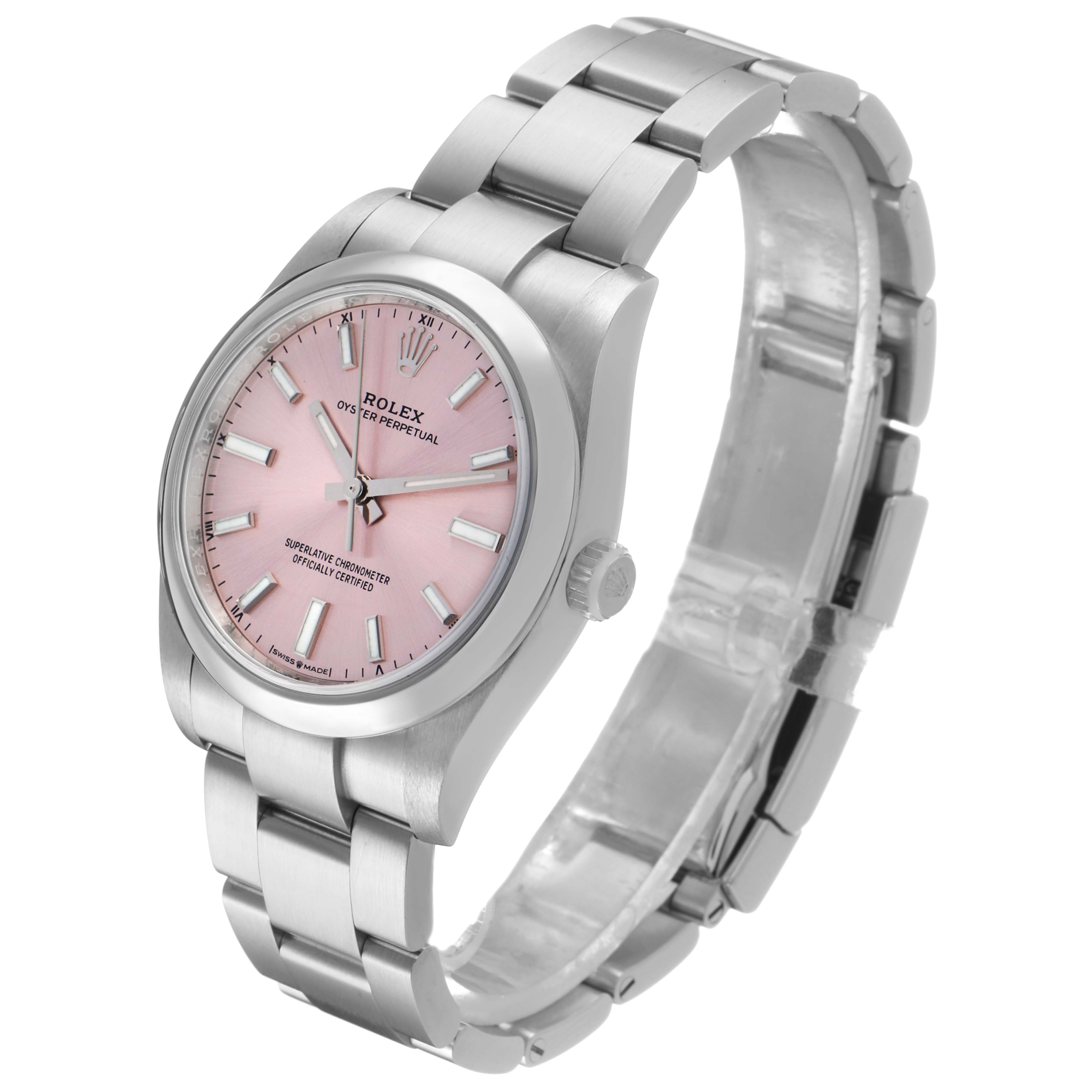 The Rolex Oyster Perpetual 124200 Men's Stainless Steel Pink Dial watch is shown at a slight angle, displaying its pink dial, bezel, crown, and stainless steel bracelet.