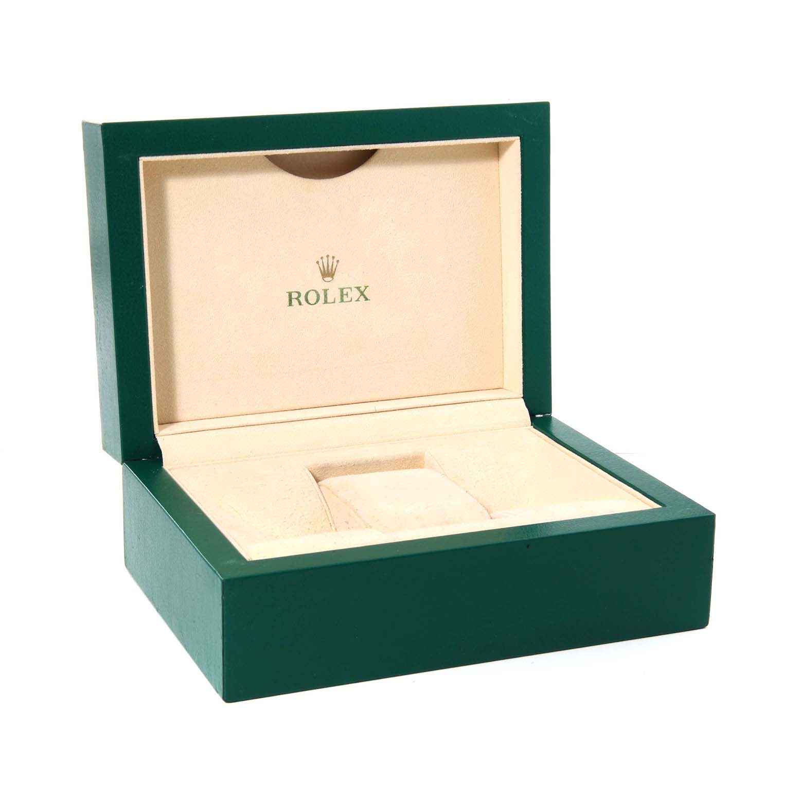 The image shows an open Rolex Oyster Perpetual 124200 Men's Stainless Steel Pink Dial watch box from a front angle, with the green exterior and beige interior visible.