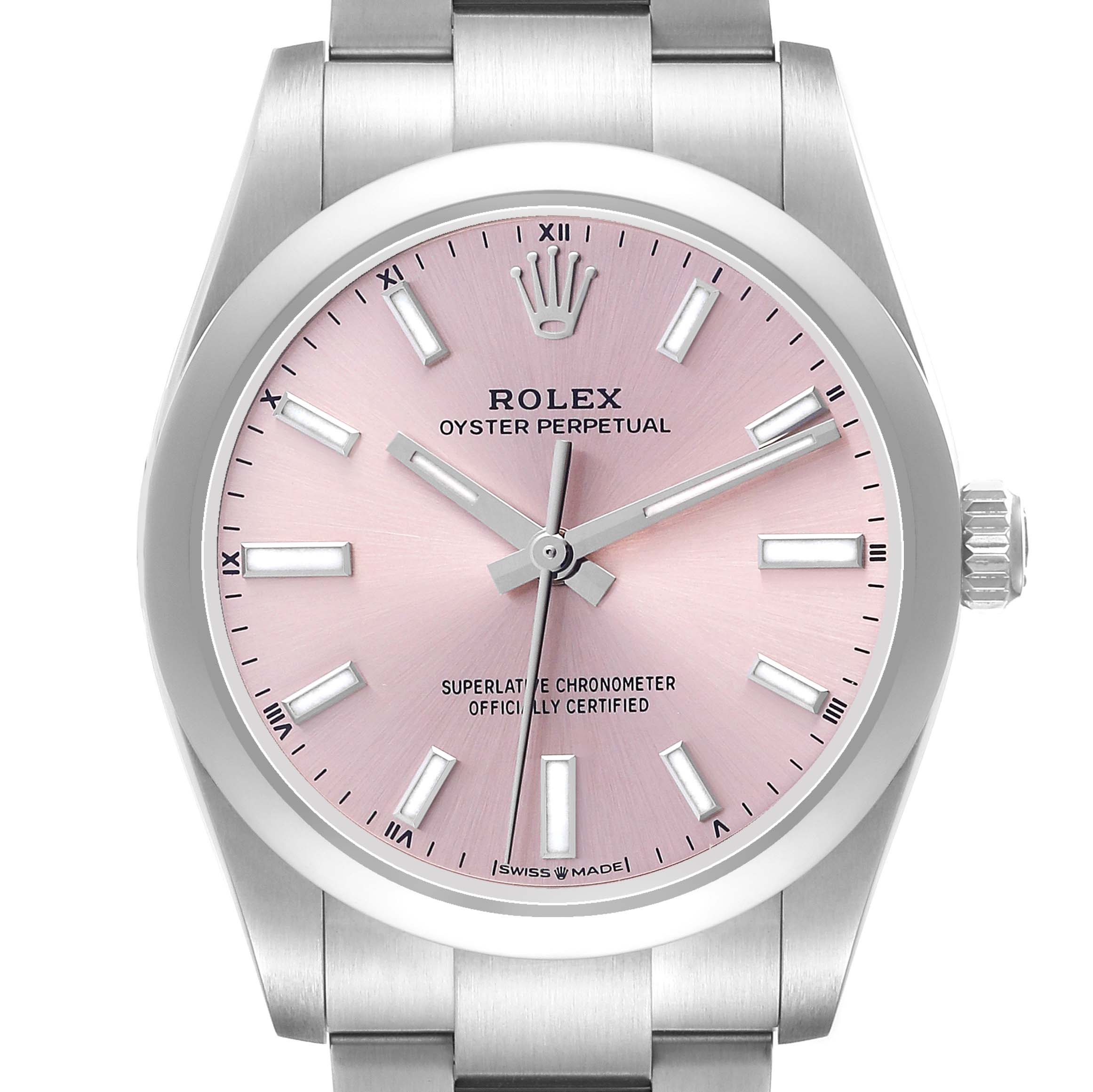 The Rolex Oyster Perpetual 124200 Men's Stainless Steel Pink Dial watch is shown from the front, highlighting the pink dial, hands, and bracelet.