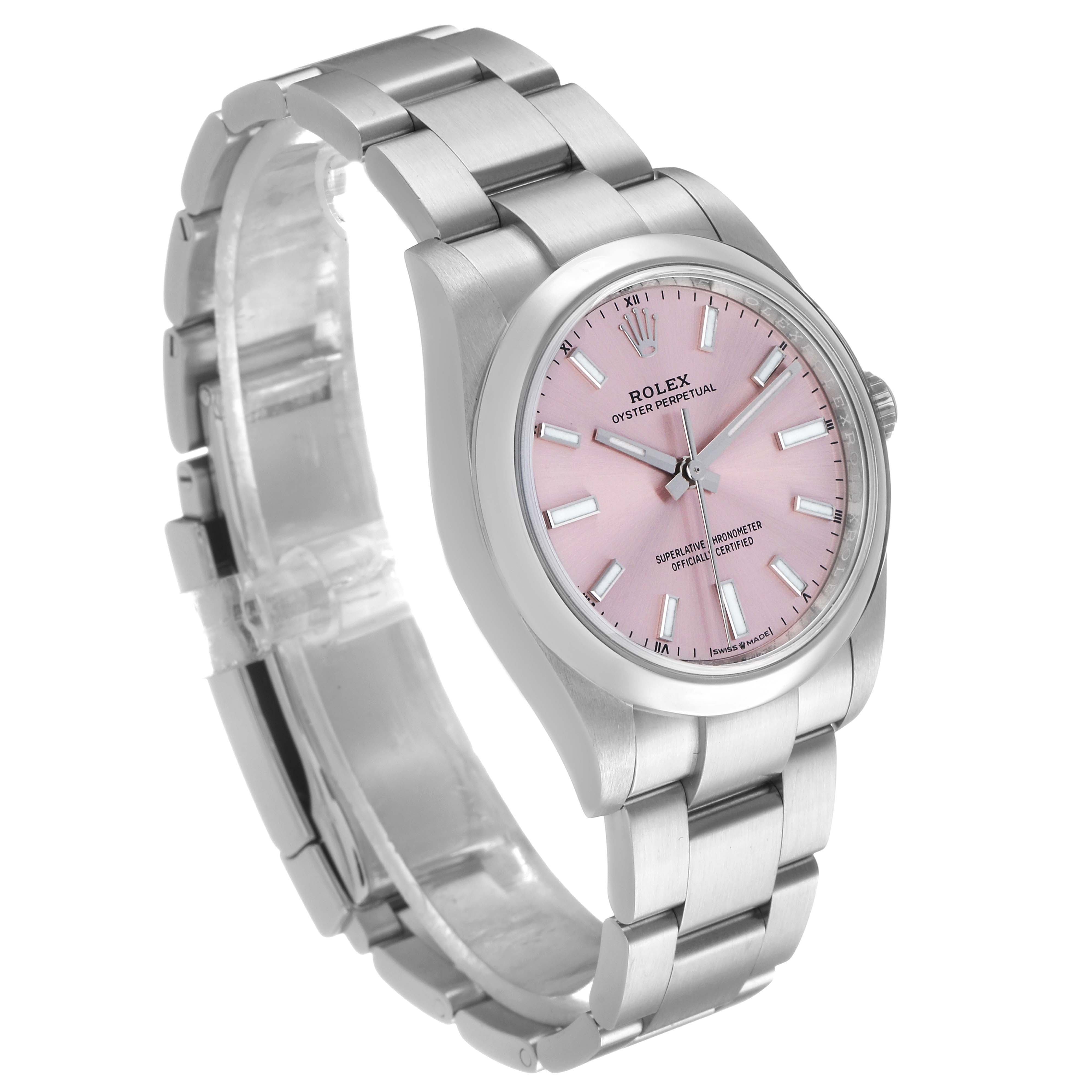 The Rolex Oyster Perpetual 124200 Men's Stainless Steel Pink Dial watch is shown at a three-quarter angle, highlighting the pink dial, stainless steel case, and bracelet.