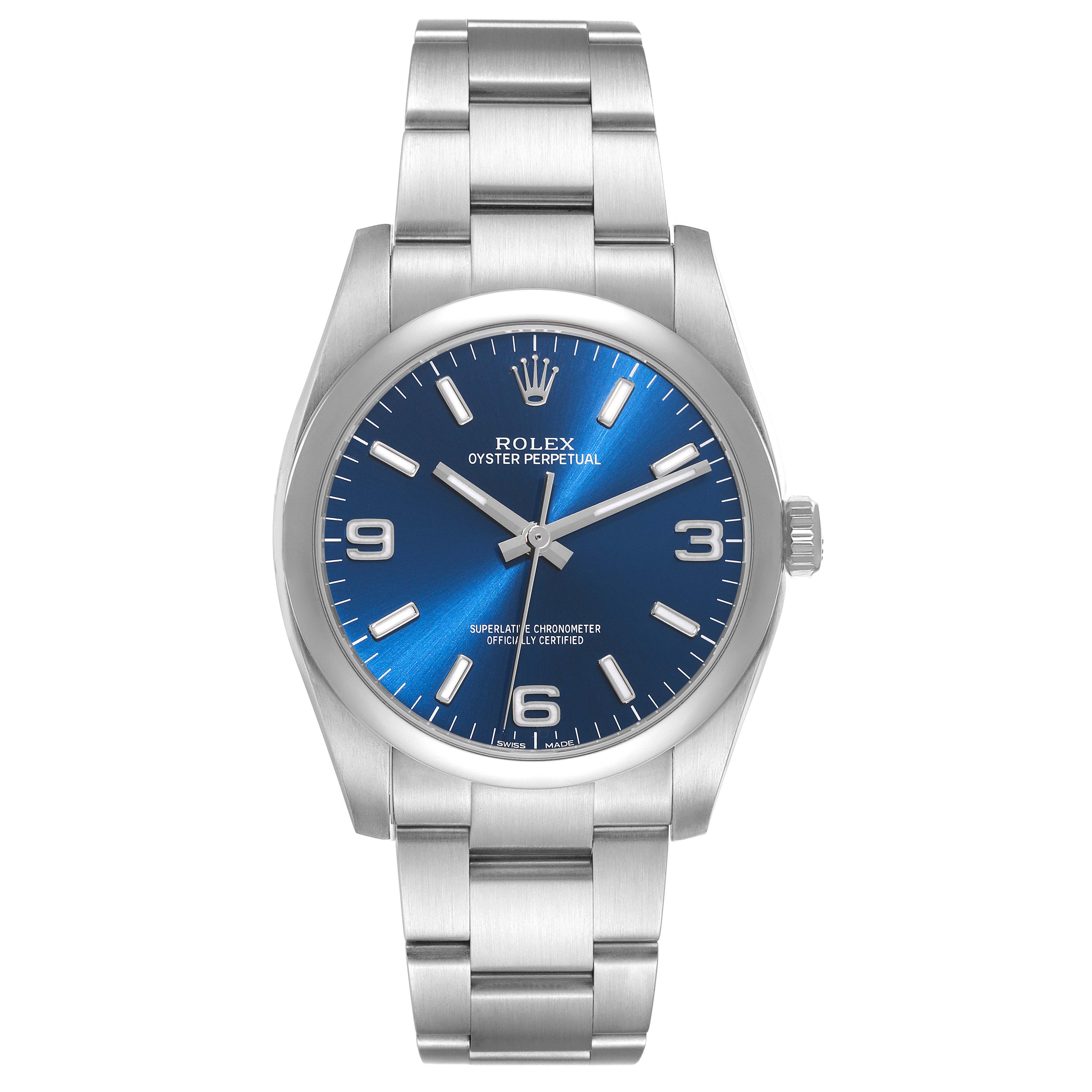 This image shows a front view of a Rolex Oyster Perpetual 116000 Men
s Stainless Steel Blue Dial 116000 Men
s Stainless Steel Blue Dial watch with a blue dial and a stainless steel bracelet.