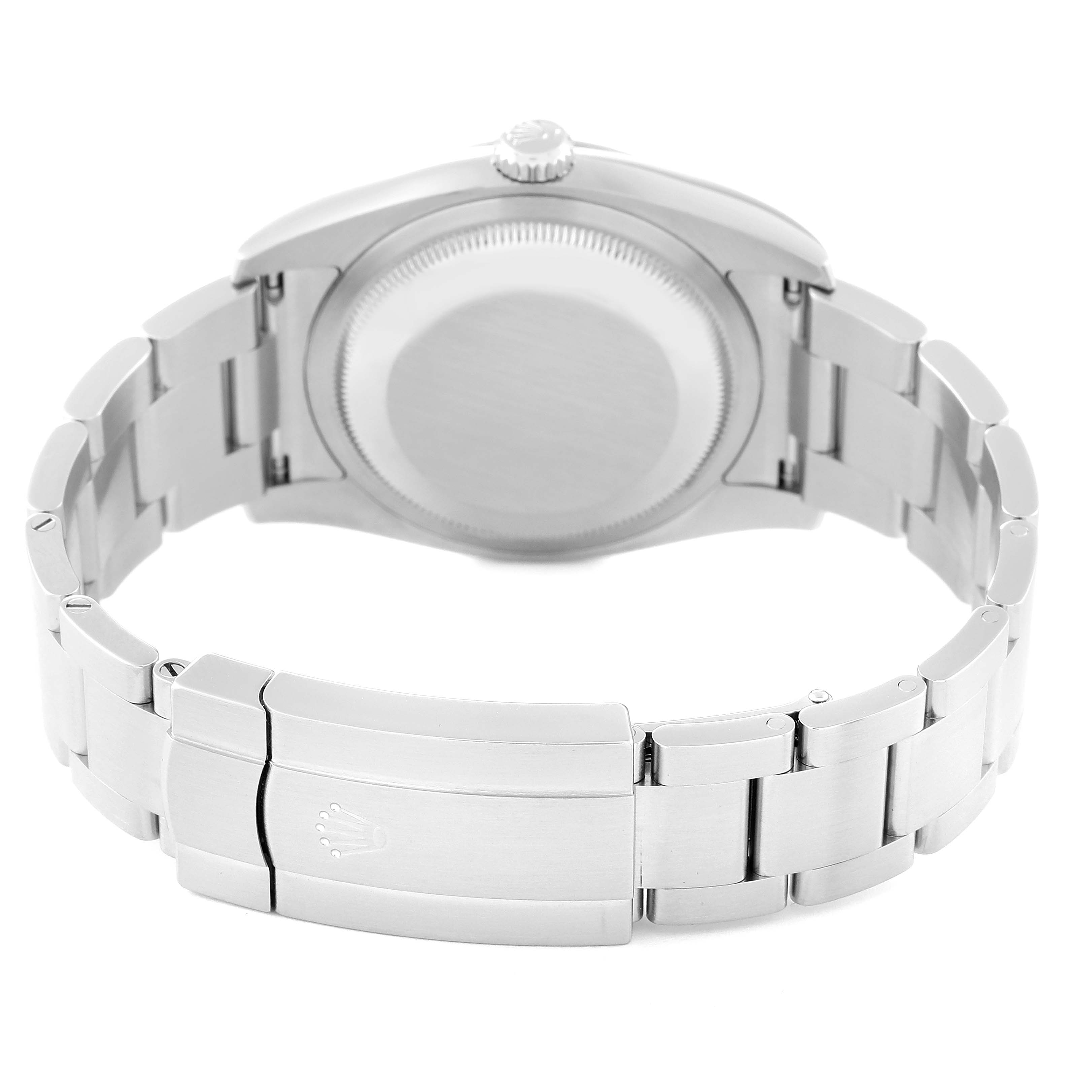 This image shows the back view of a Rolex Oyster Perpetual 116000 Men
s Stainless Steel Blue Dial 116000 Men
s Stainless Steel Blue Dial watch, highlighting its clasp, case back, and bracelet.