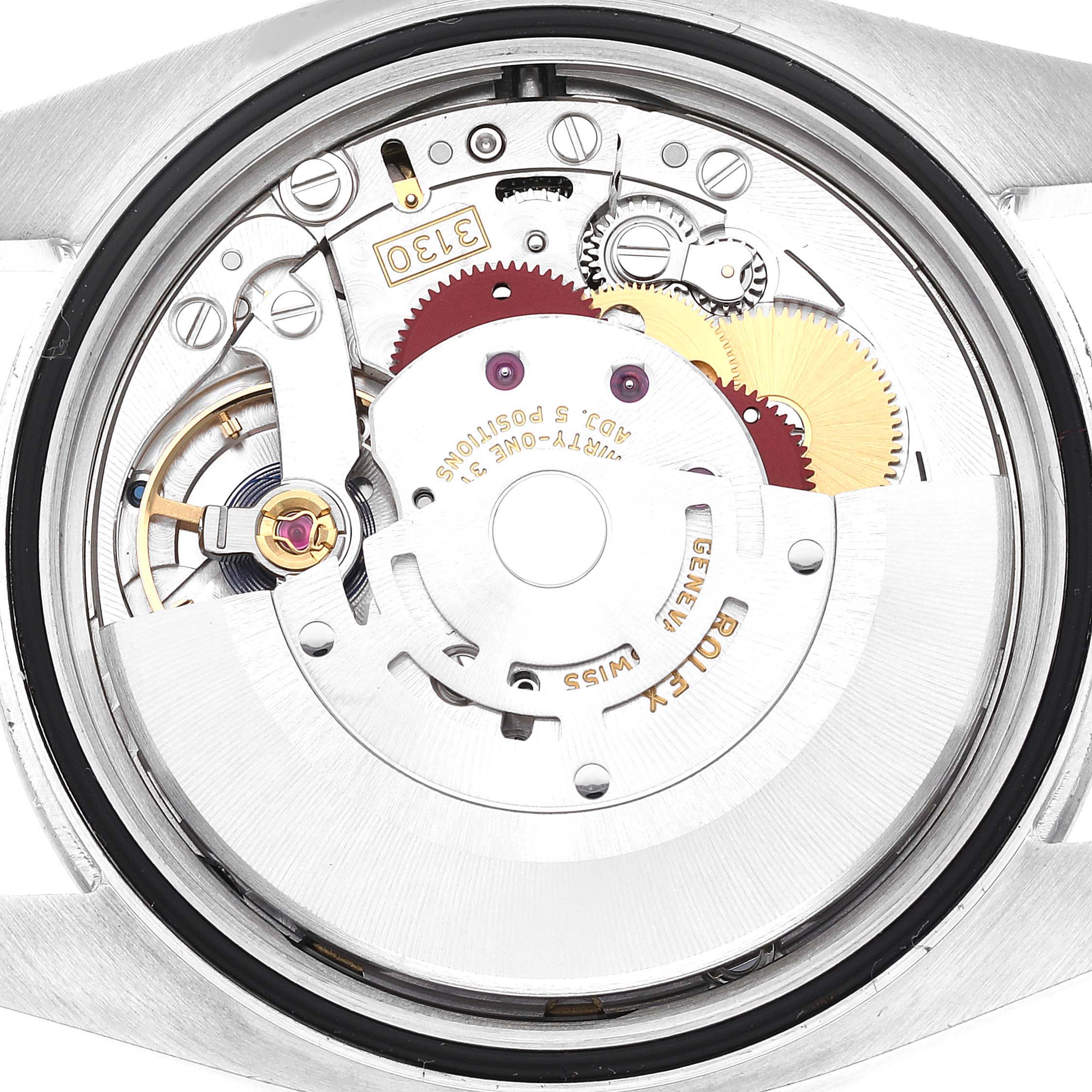 This image shows the internal mechanism of a Rolex Oyster Perpetual 116000 Men
s Stainless Steel Blue Dial 116000 Men
s Stainless Steel Blue Dial watch, viewed from the back.