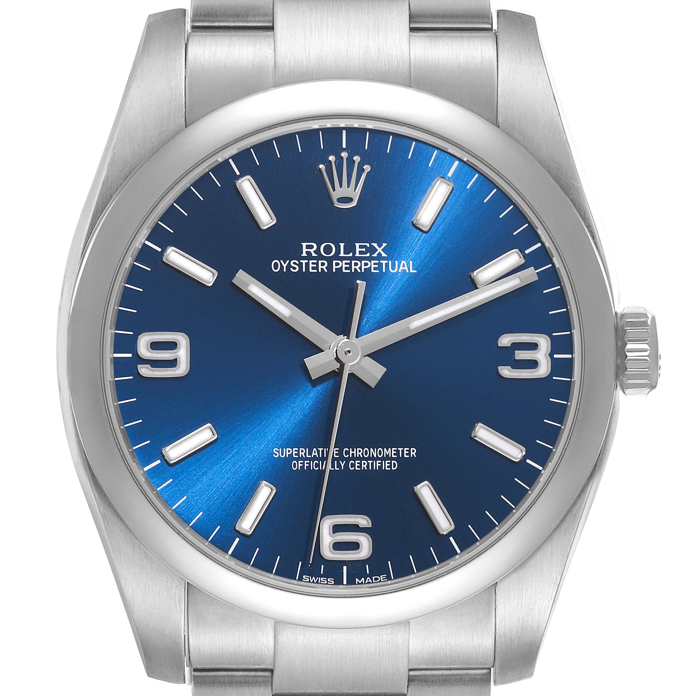 The Oyster Perpetual Rolex watch is shown from the front, highlighting its blue dial, hour markers, and case.