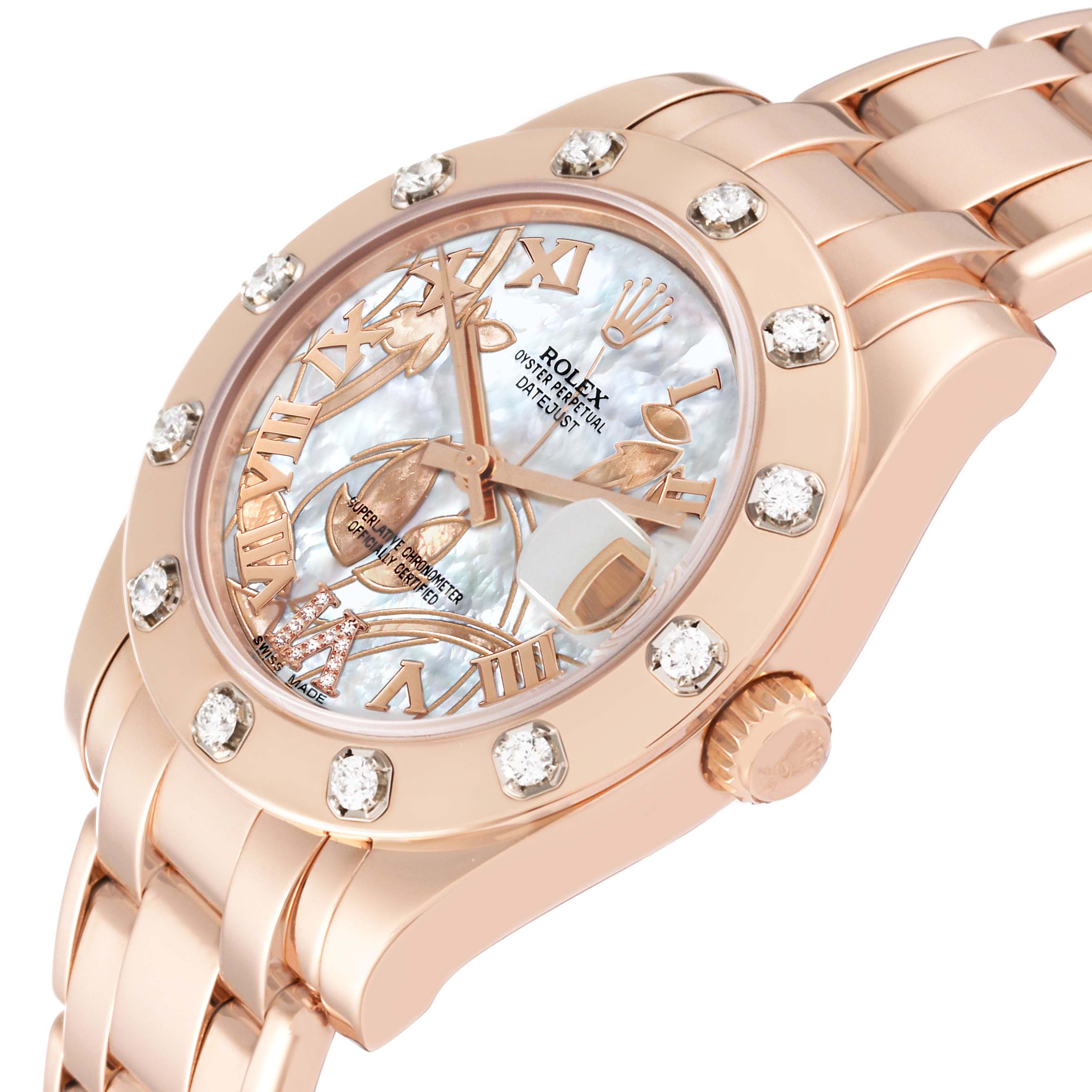 The image shows a close-up, angled view of a Rolex Pearlmaster 81315 Women
s Rose Gold Mother of Pearl Dial 81315 Women
s Rose Gold Mother of Pearl Dial watch, highlighting its dial, bezel, and part of the bracelet.
