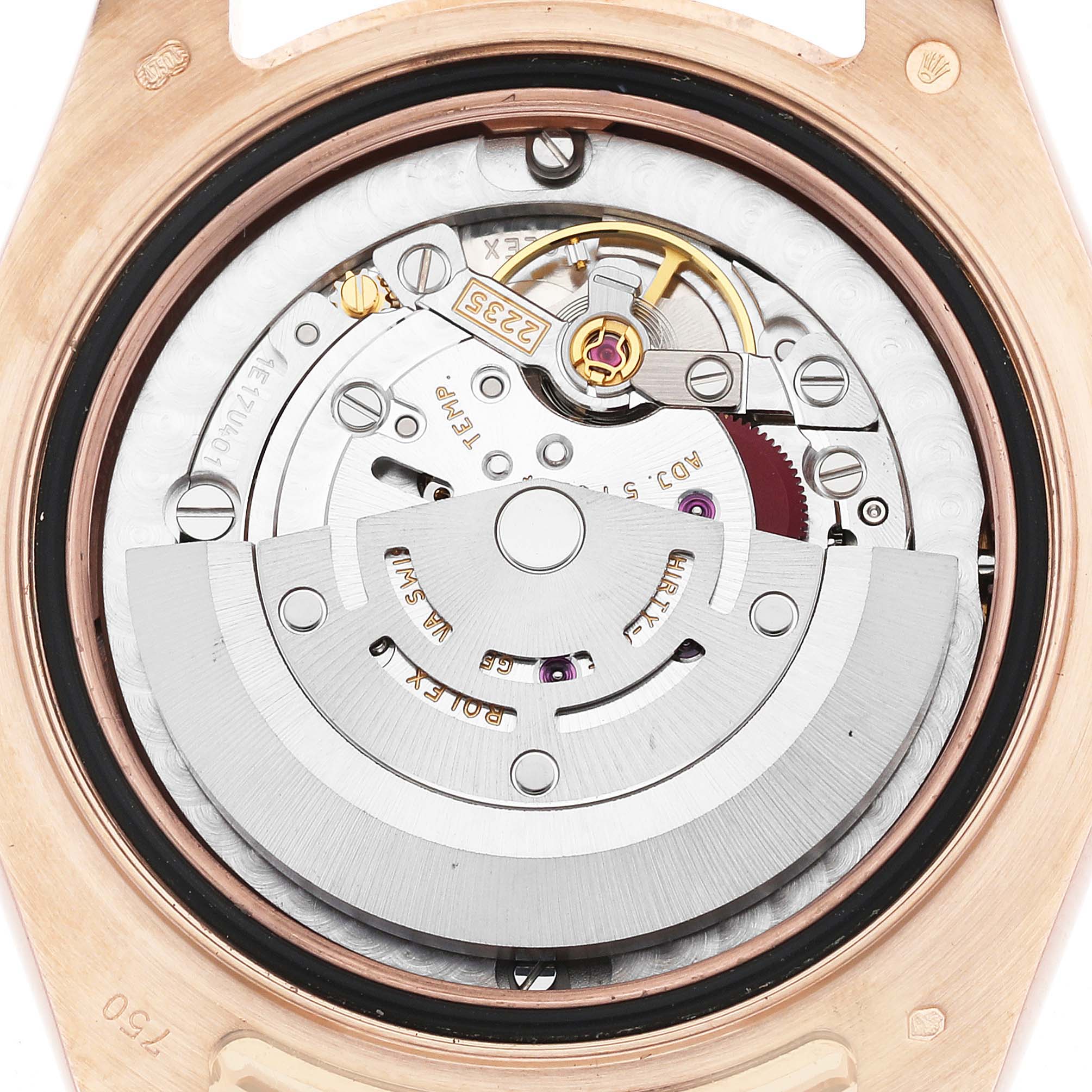 The image shows the internal mechanism of a Rolex Pearlmaster 81315 Women
s Rose Gold Mother of Pearl Dial 81315 Women
s Rose Gold Mother of Pearl Dial watch viewed from the back.