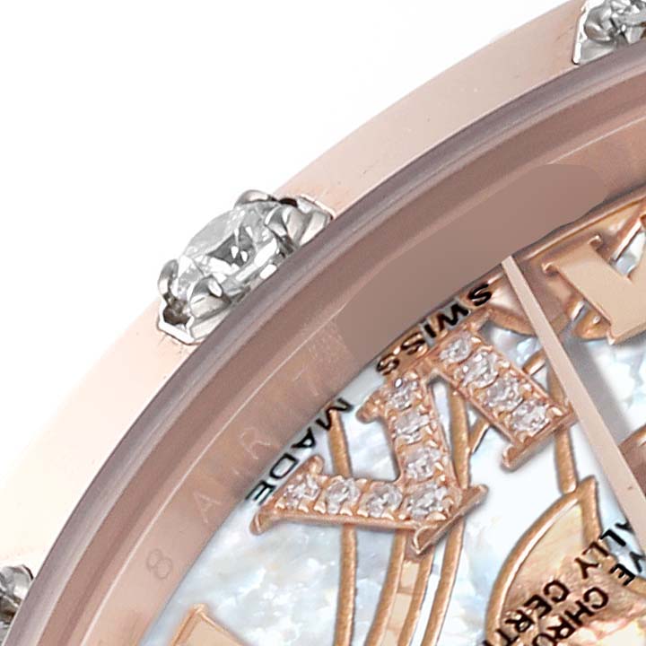 The image shows a close-up angle of the bezel and partially visible dial of a Rolex Pearlmaster 81315 Women
s Rose Gold Mother of Pearl Dial 81315 Women
s Rose Gold Mother of Pearl Dial watch, highlighting its diamond-studded markers.