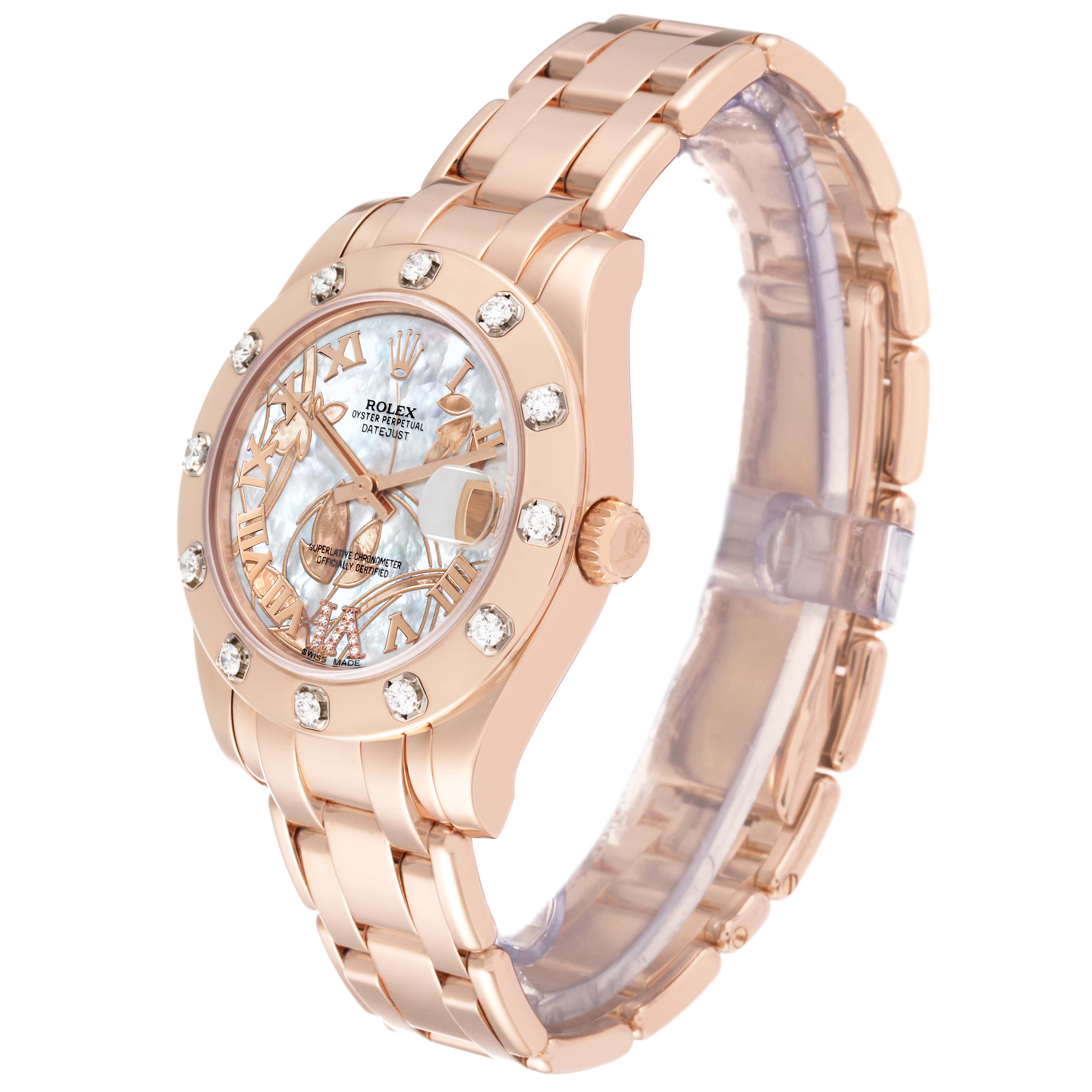 The image shows a Rolex Pearlmaster 81315 Women
s Rose Gold Mother of Pearl Dial 81315 Women
s Rose Gold Mother of Pearl Dial watch from a front-right angle, displaying the face, bezel, crown, and bracelet.