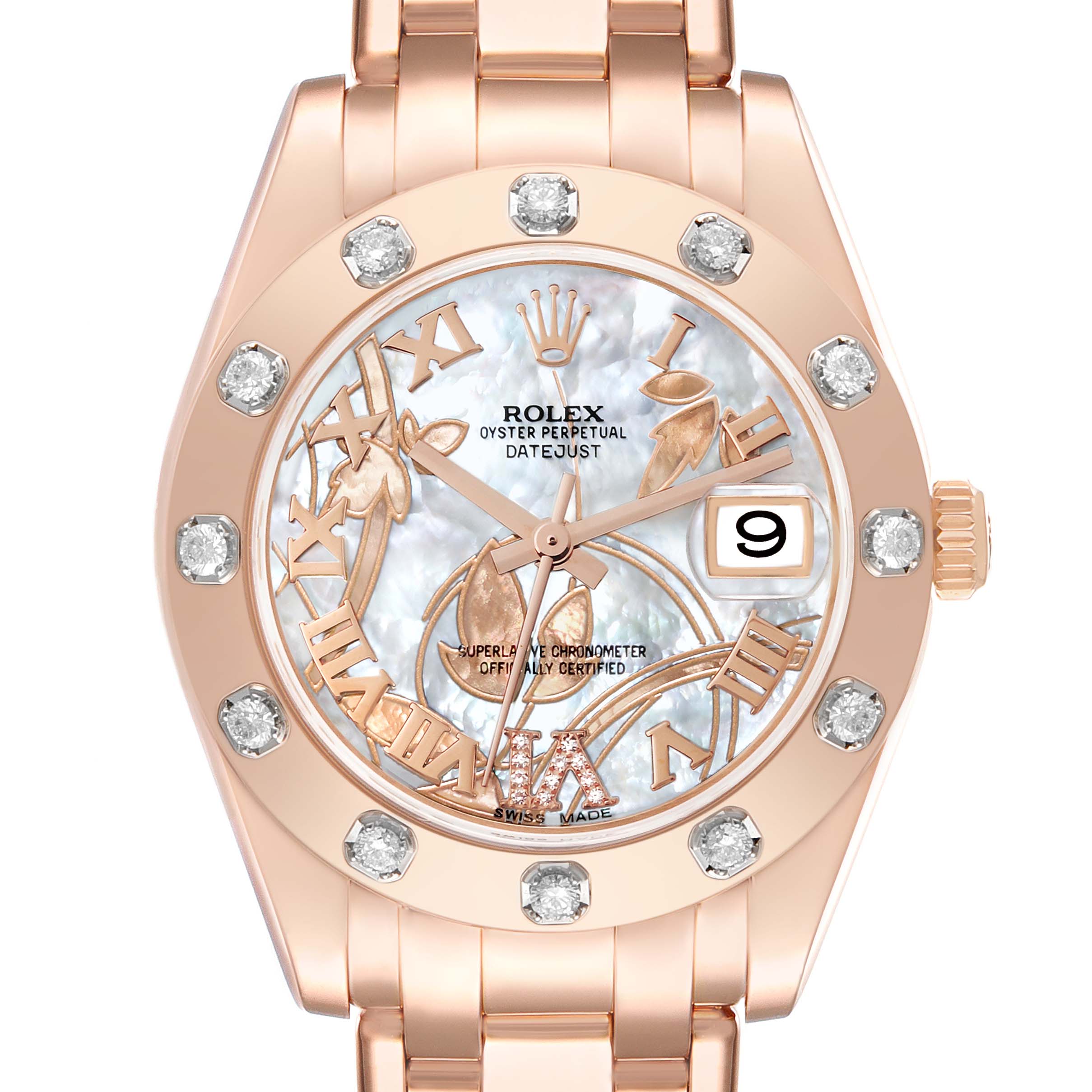The Rolex Pearlmaster 81315 Women
s Rose Gold Mother of Pearl Dial 81315 Women
s Rose Gold Mother of Pearl Dial watch is shown from a front angle, displaying the dial, bezel, and part of the bracelet.