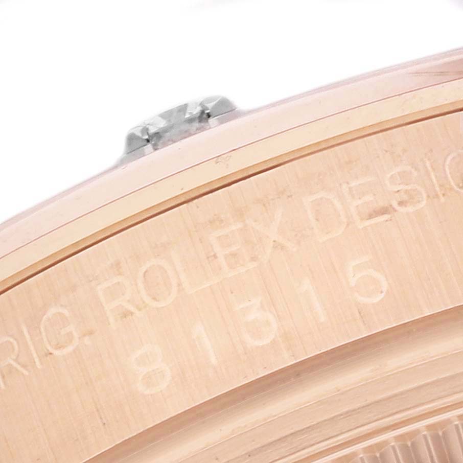 This image shows a close-up of the side view of a Rolex Pearlmaster 81315 Women
s Rose Gold Mother of Pearl Dial 81315 Women
s Rose Gold Mother of Pearl Dial watch, highlighting the engraved model number "81315" and part of the crown.