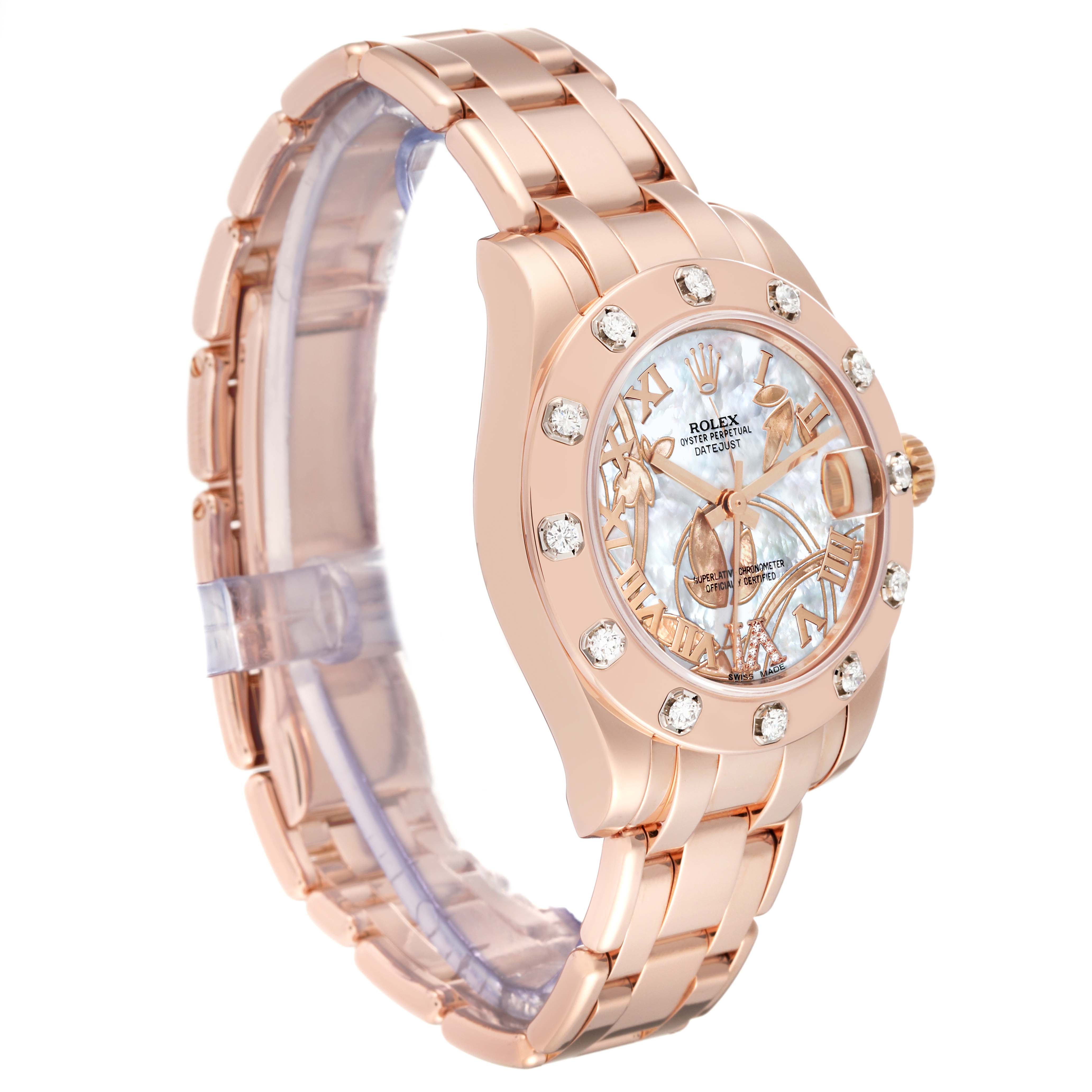 This image displays a Rolex Pearlmaster 81315 Women
s Rose Gold Mother of Pearl Dial 81315 Women
s Rose Gold Mother of Pearl Dial watch at a slight angle, highlighting the watch face, bezel, and part of the bracelet.