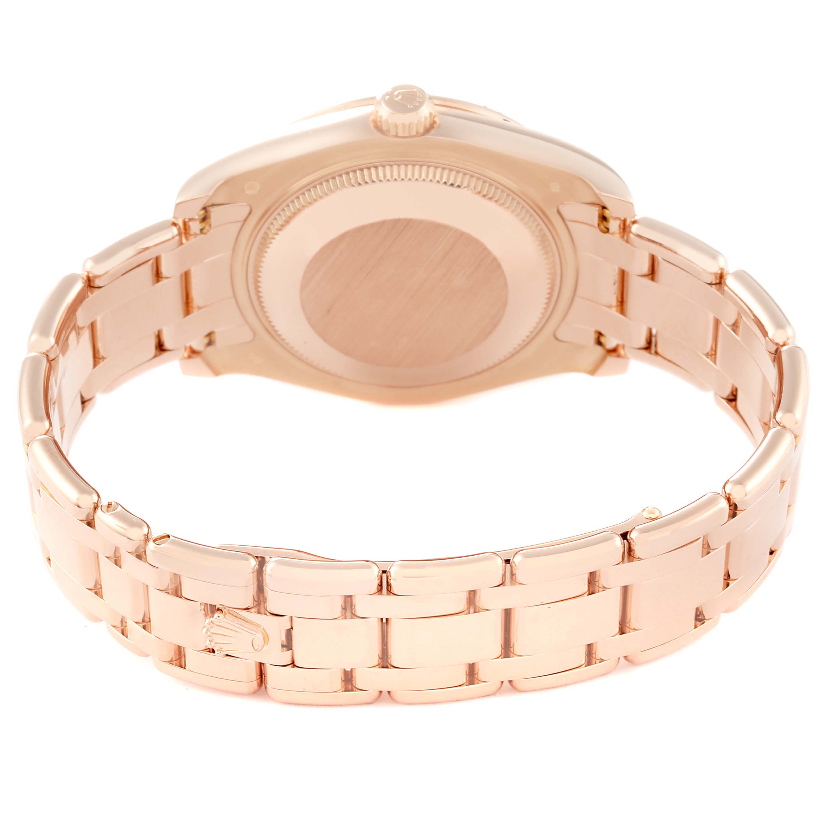 The image shows the back view of a Rolex Pearlmaster 81315 Women
s Rose Gold Mother of Pearl Dial 81315 Women
s Rose Gold Mother of Pearl Dial watch, focusing on the case back and bracelet.