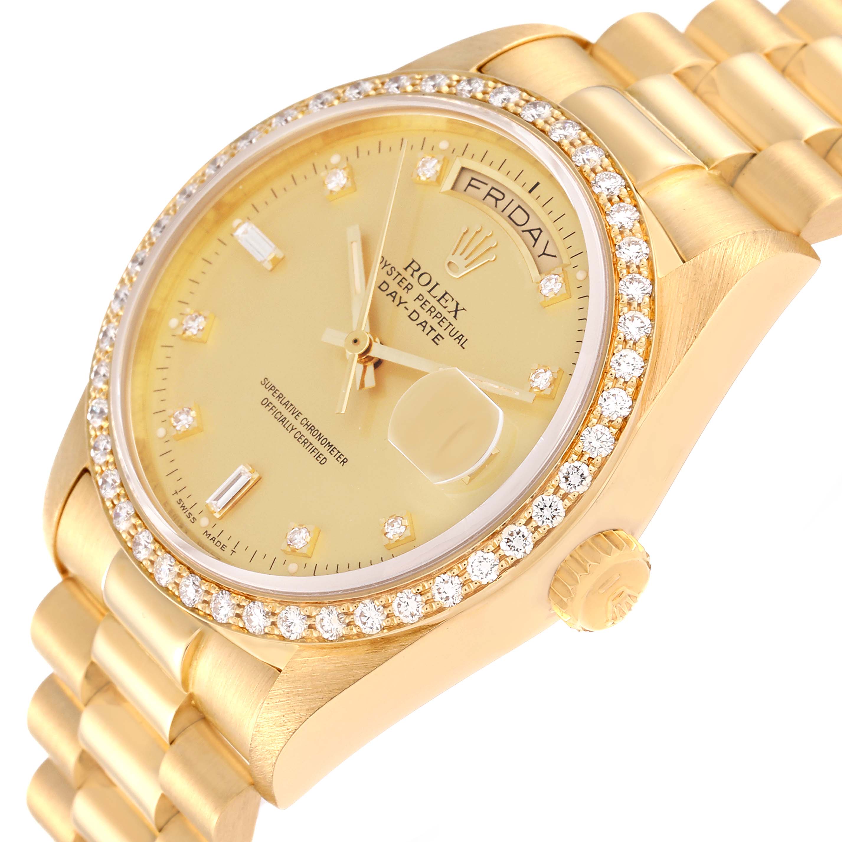 The Rolex President 18048A Men
s Yellow Gold Champagne Dial 18048A Men
s Yellow Gold Champagne Dial model watch is shown at an angle displaying the face, dial, bezel, bracelet, and crown.